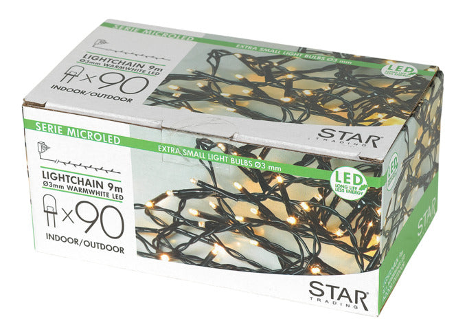 Lichterkette mit 90 warmweißen LEDs, 9 m Länge, schwarzes Kabel, IP44, ideal für stimmungsvolle Beleuchtung im Innen- und Außenbereich.