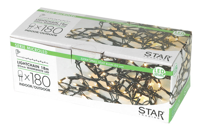 Lichterkette mit 180 warmweißen LEDs, 18 m Länge, schwarzes Kabel, IP44, ideal für stimmungsvolle Beleuchtung im Innen- und Außenbereich.