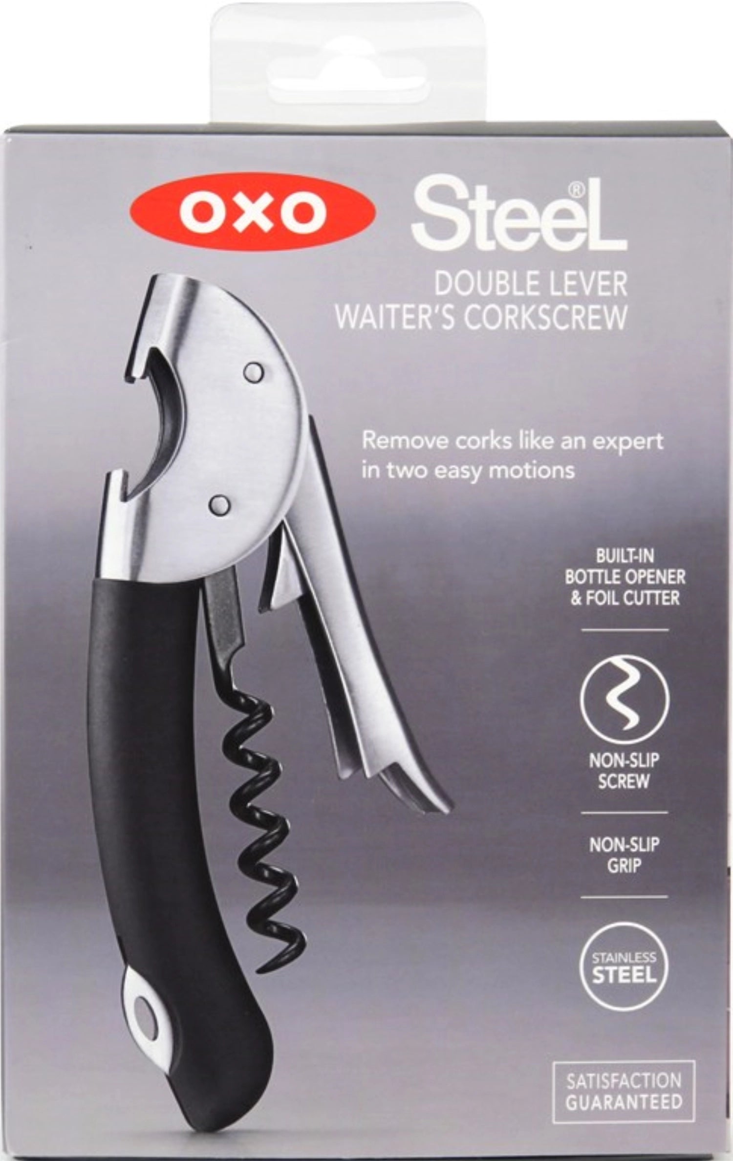 Robuster OXO Good Grips Steel Doppelhebel-Kellnerkorkenzieher, designed für einfaches Öffnen von Weinflaschen, stilvoll und funktional.