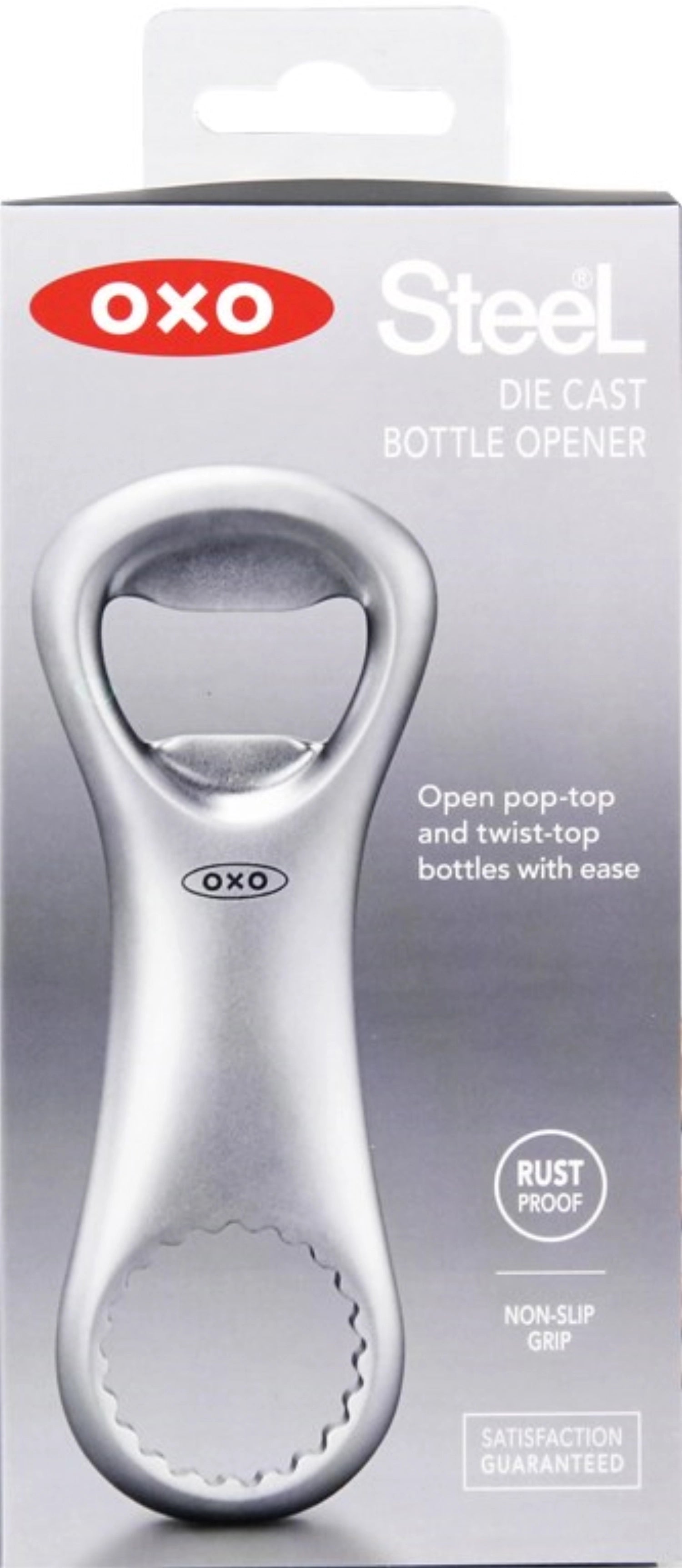 Robuster Flaschenöffner aus Gusseisen von OXO mit komfortablem, rutschfestem Griff für einfaches Öffnen von Flaschen. Ideal für jede Küche.