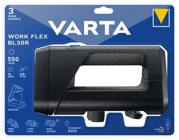 Die VARTA Work Flex BL30R LED-Arbeitsleuchte bietet 550 Lumen, robustes Design und flexible Einsatzmöglichkeiten für Profis.