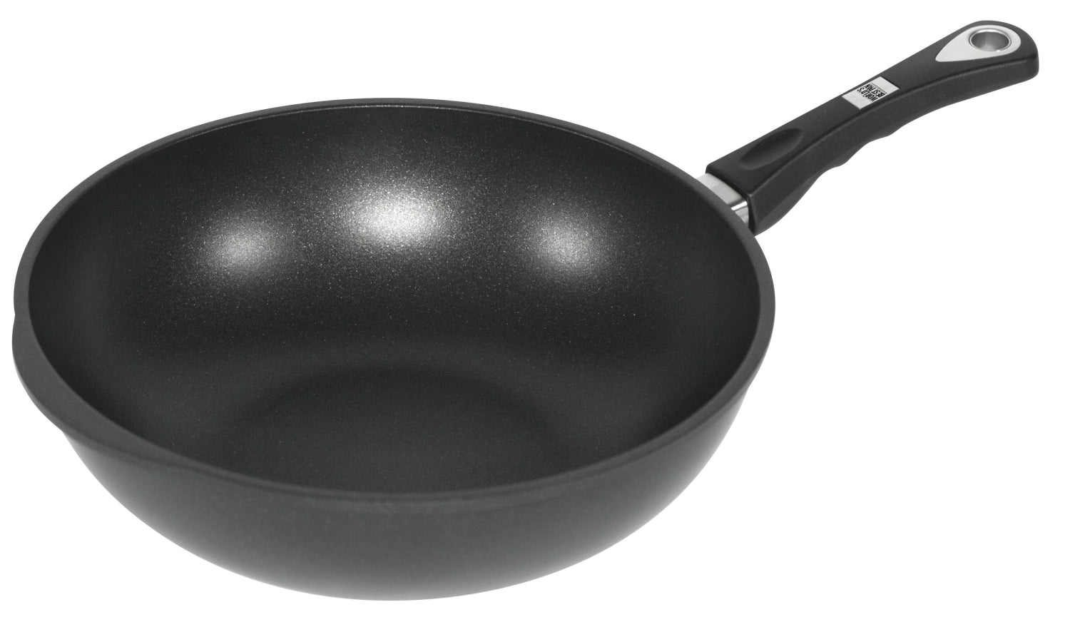 Wok D32cm Induktion, H10cm mit Stiel in Silber präsentiert im Onlineshop von KAQTU Design AG. Küchengerät ist von AMT