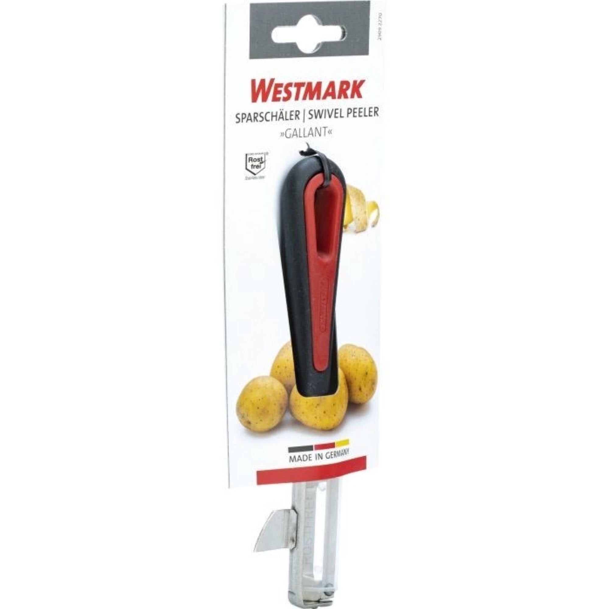 Der Westmark Sparschäler Gallant mit flexibler Klinge bietet präzises Schälen. Masse: 15x6.9x1.8cm, ergonomisches Design, ideal für die Küche.
