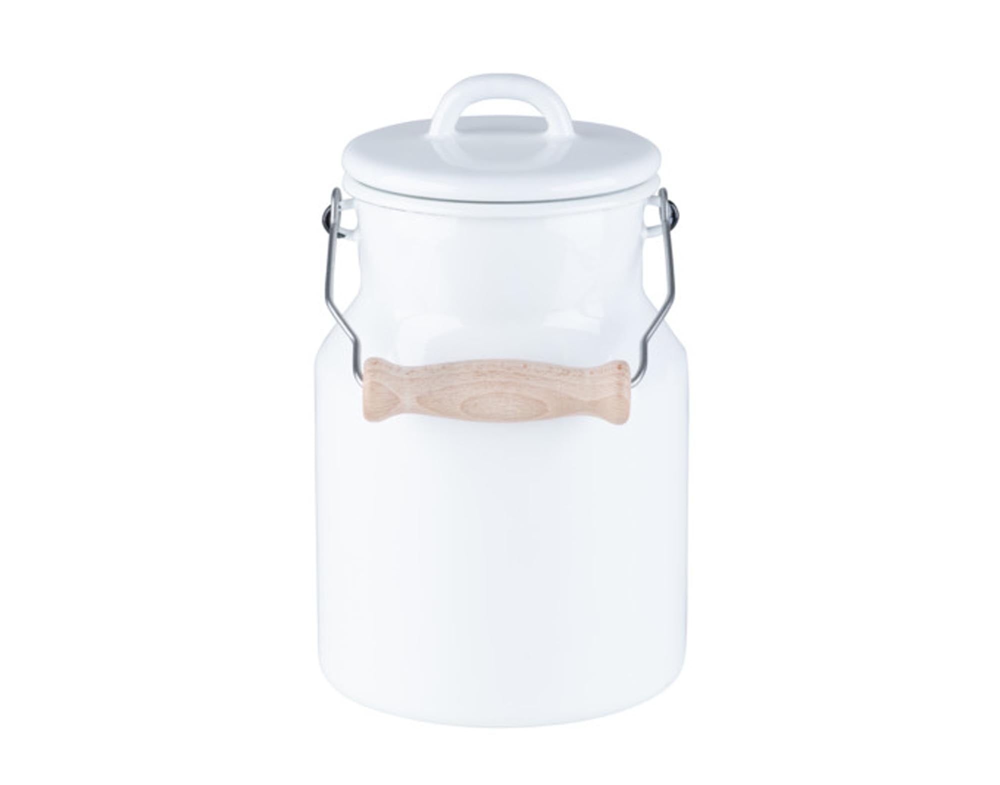 Hochwertige 1.5 l Milchkanne von RIESS aus emailliertem Stahl, ideal zum Aufbewahren und Servieren von Milch. Langlebig, kratzfest, hitzebeständig.
