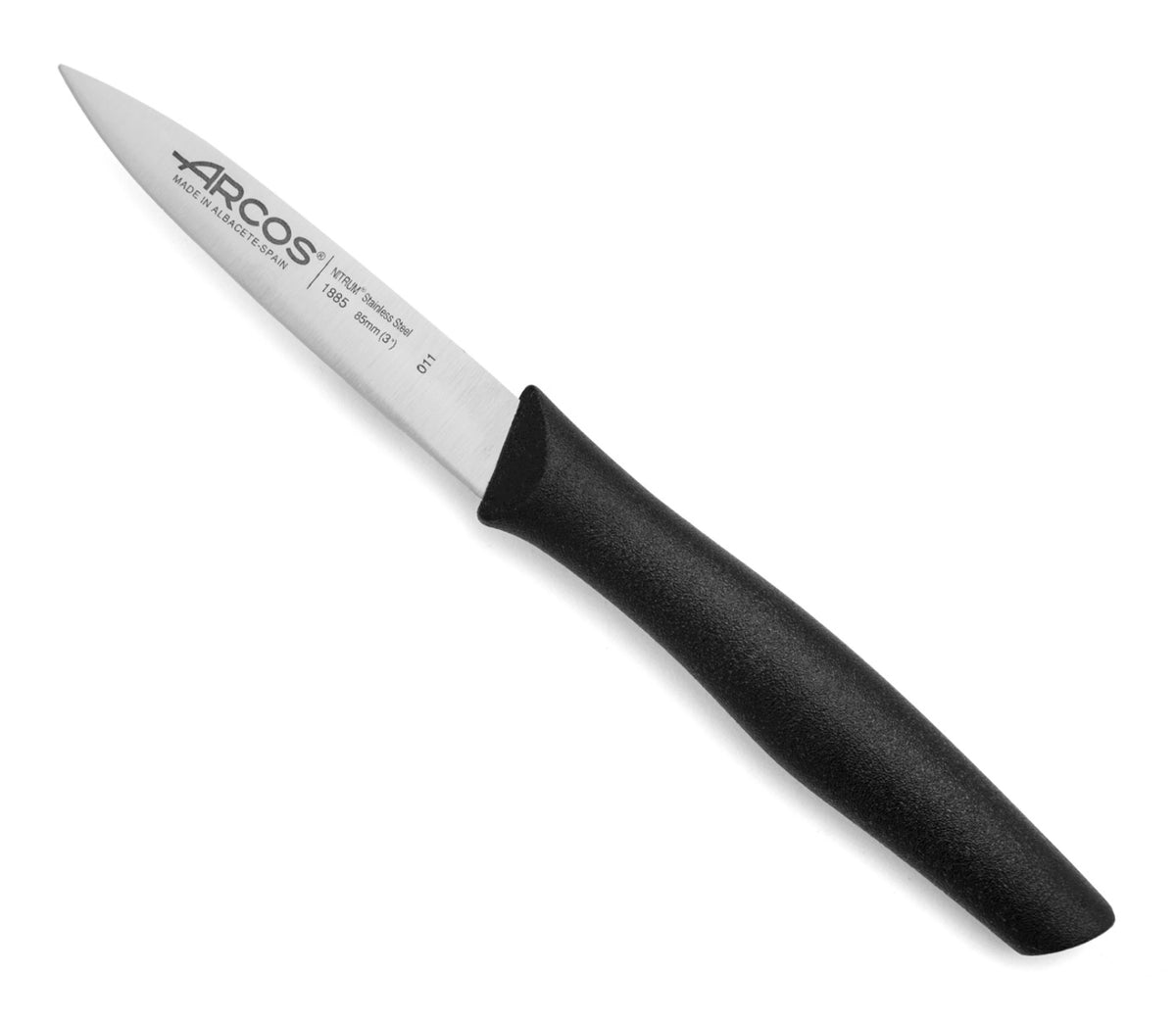 Nahaufnahme eines Arcos Nova Rüstmessers aus Edelstahl mit schwarzem Griff und glatter, 8.5cm langer Klinge.