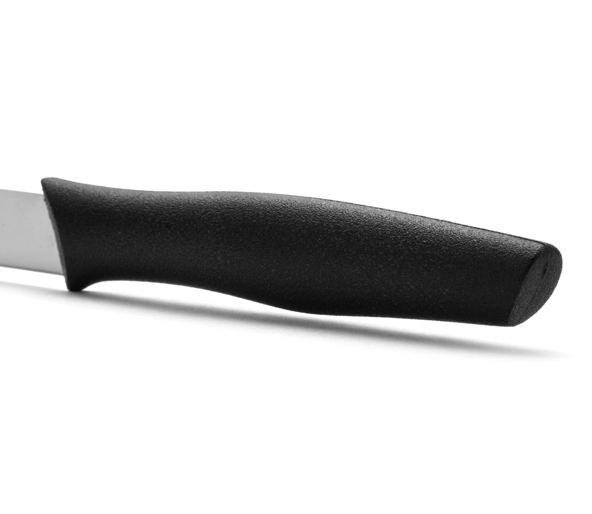 Nahaufnahme eines Arcos Nova Rüstmessers aus Edelstahl mit schwarzem Griff und glatter, 8.5cm langer Klinge.