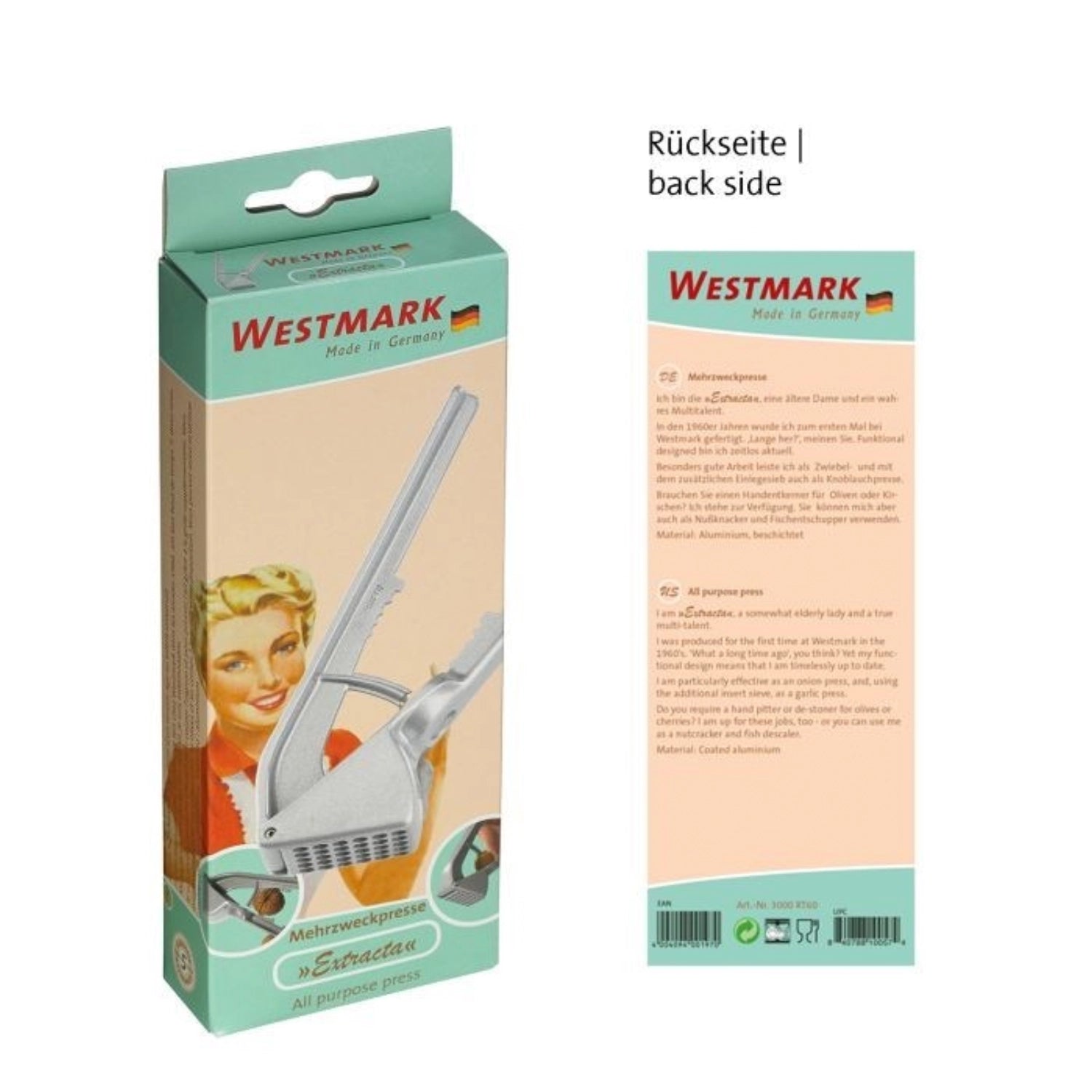 Klassische Mehrzweckpresse Extracta von Westmark, ideal zum Auspressen von Zitrusfrüchten und mehr, handlich und stilvoll, Maße: 16x5.2x3.3cm.