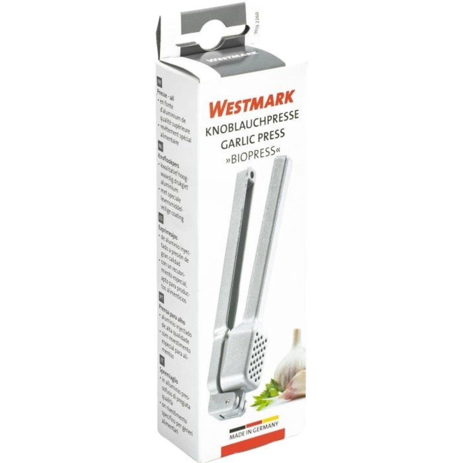 Hochwertige Knoblauchpresse Biopress von Westmark, 15x5.2x3.3cm, ideal für müheloses Zerkleinern von Knoblauchzehen mit komfortablem Design.