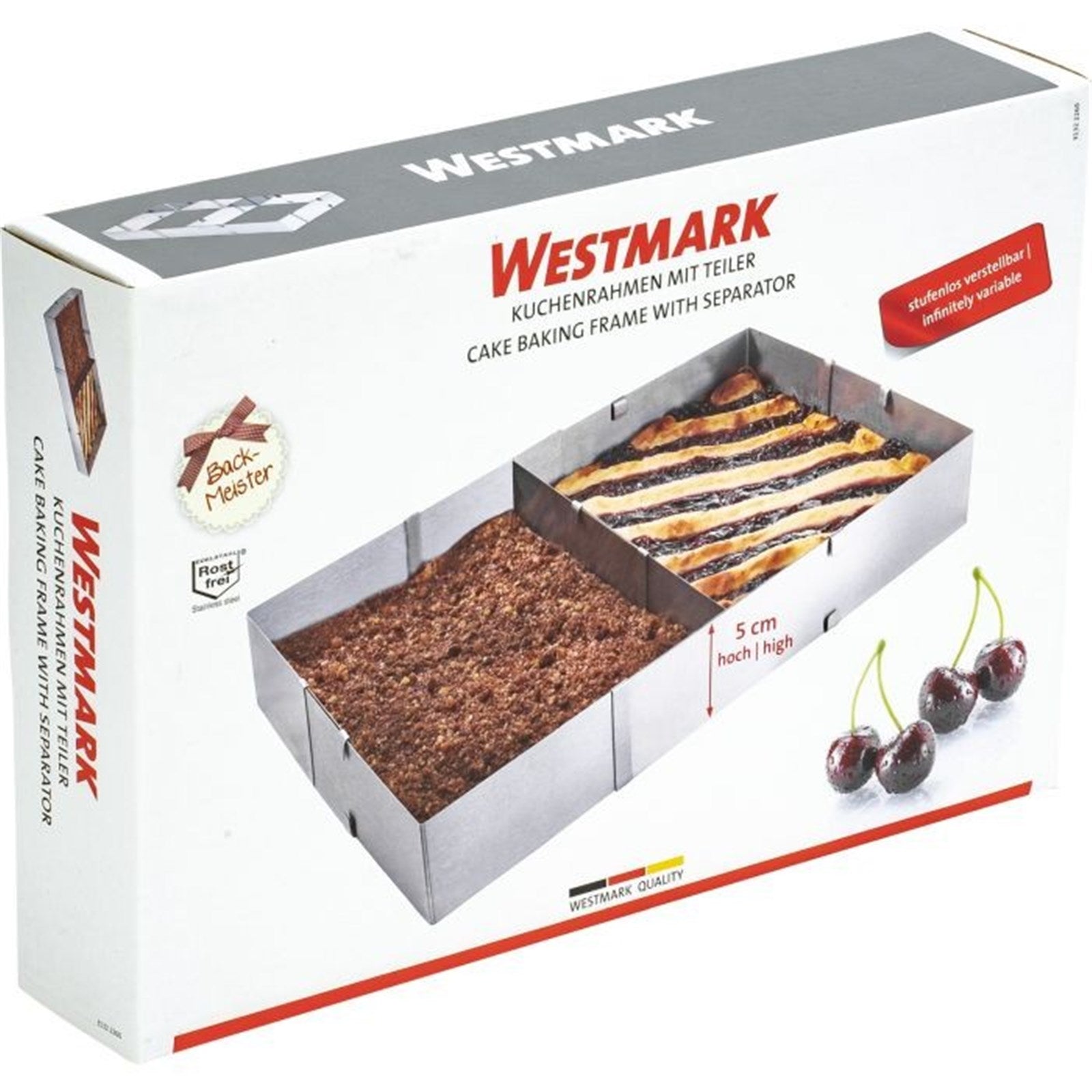 Flexibler Kuchen- und Pizzarahmen von Westmark, verstellbar und mit Teiler, ideal für Backen in verschiedenen Größen.