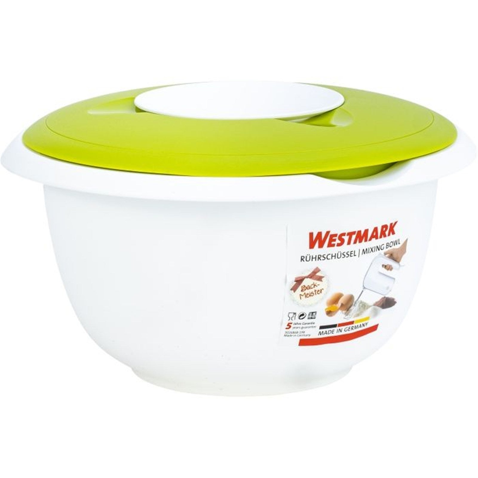 Apfelgrüne Rührschüssel 3 l mit Spritzschutz, ideal für Backen und Kochen, Masse 28.5x27x14 cm, hochwertige Westmark-Qualität.