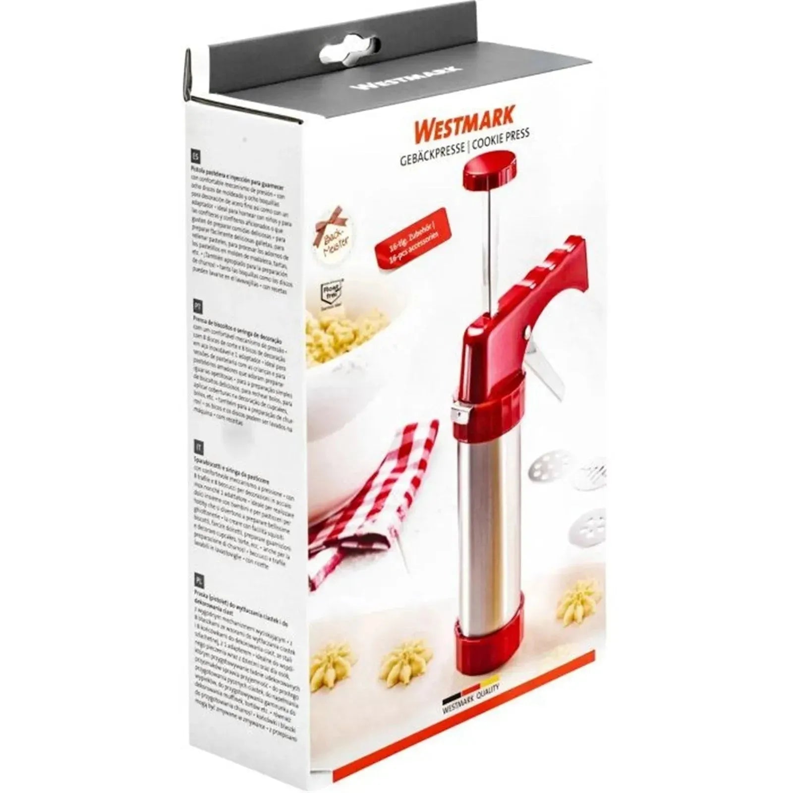 Vielseitige Gebäckpresse und Garnierspritze von Westmark, ideal für kreative Backkreationen mit verschiedenen Tüllen und Formscheiben.
