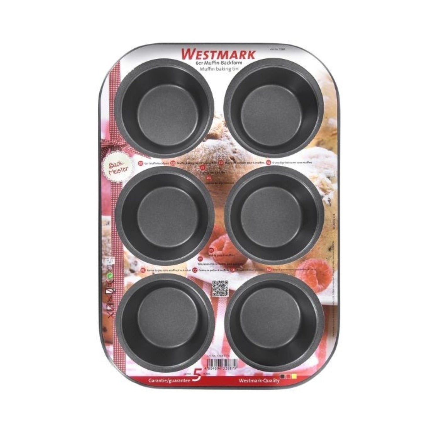 Hochwertige Muffinbackform von Westmark für 6 Muffins, Maße 26.5x18.5x3 cm, mit Antihaftbeschichtung für müheloses Backen und Entformen.