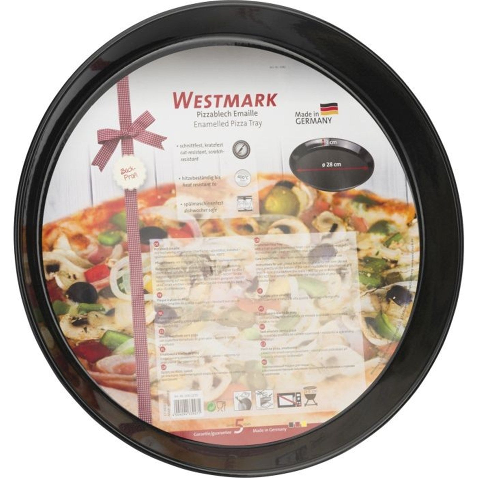 Hochwertiges Emaille-Blech von Westmark, 28 cm Durchmesser, perfekt für die Zubereitung von Pizzen und Wähen mit optimaler Wärmeverteilung.