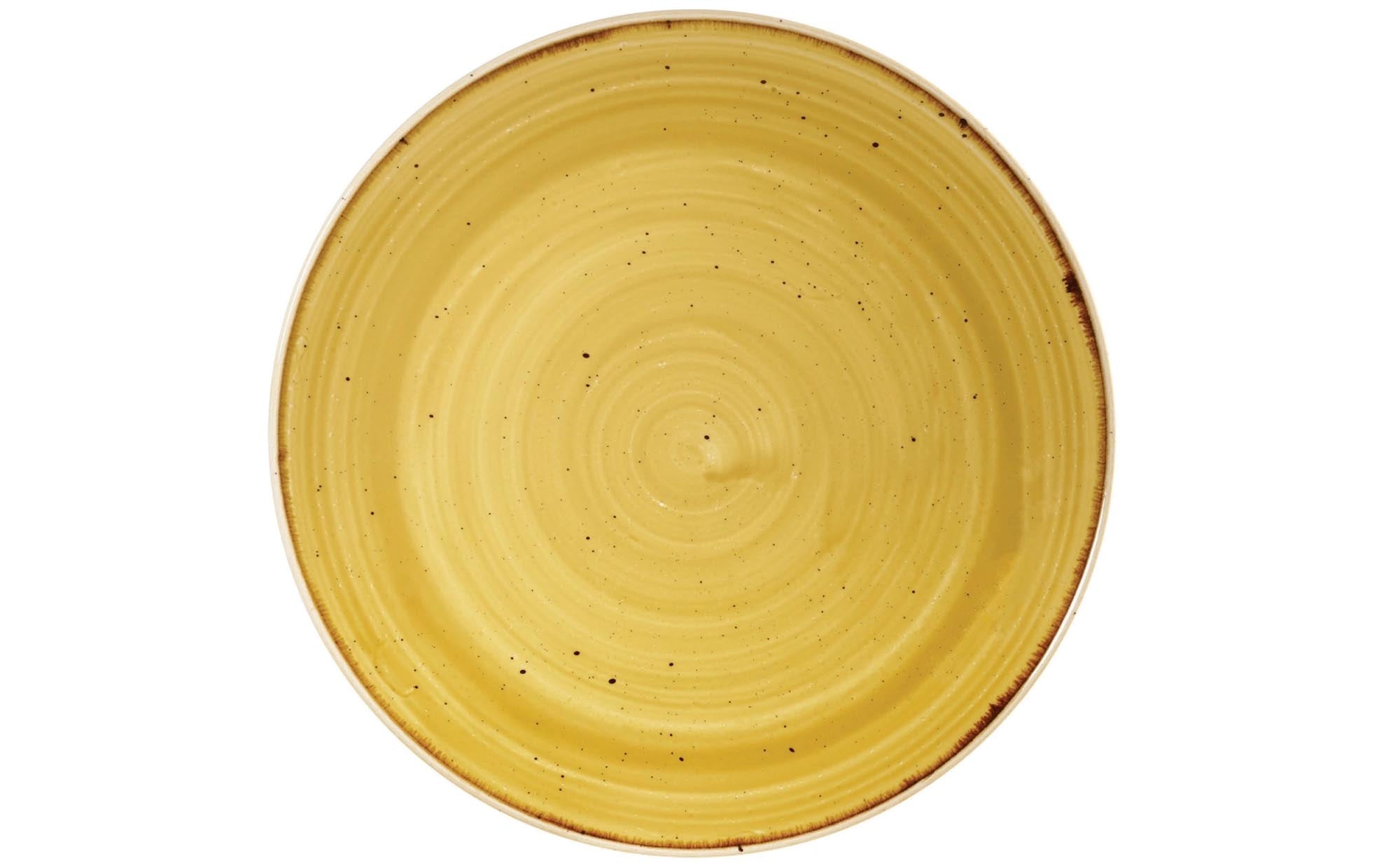 Entdecken Sie den Stonecast Mustard Yellow Triangel Teller von Churchill. Flach, 31,1 cm, aus hochwertigem Porzellan, spülmaschinenfest und ideal für Gastronomie.