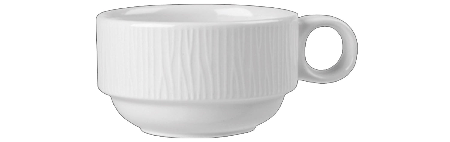Stapelbare 16cl Tasse aus der Bamboo White Kollektion von Churchill, perfekt für Kaffee oder Tee, schlichtes Design in elegantem Weiß.