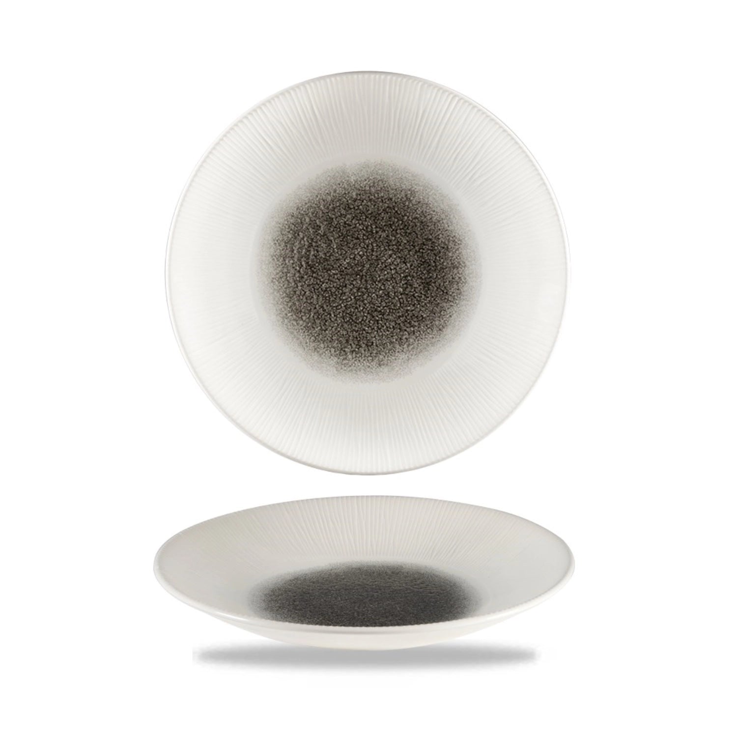 Eleganter, tiefer Coupe Teller aus schwarzem Raku-Quarz-Bambus, 25,5 cm Durchmesser, ideal für kreative Präsentationen und nachhaltige Tischgestaltung.