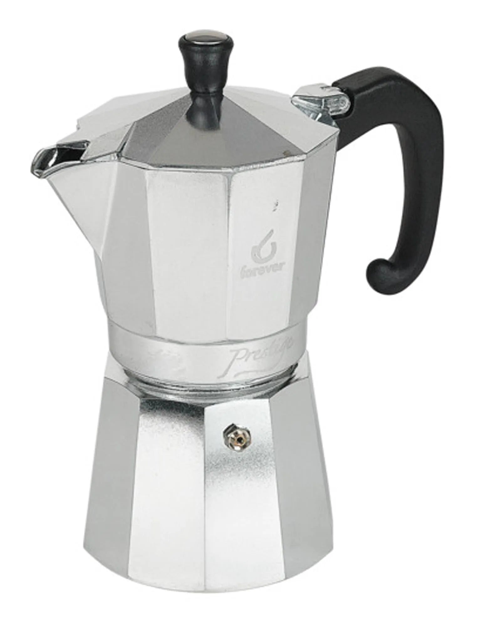 Eleganter Moka Prestige Kaffeezubereiter aus Edelstahl für 6 Tassen, ideal für Kaffeeliebhaber und alle Herdarten geeignet.