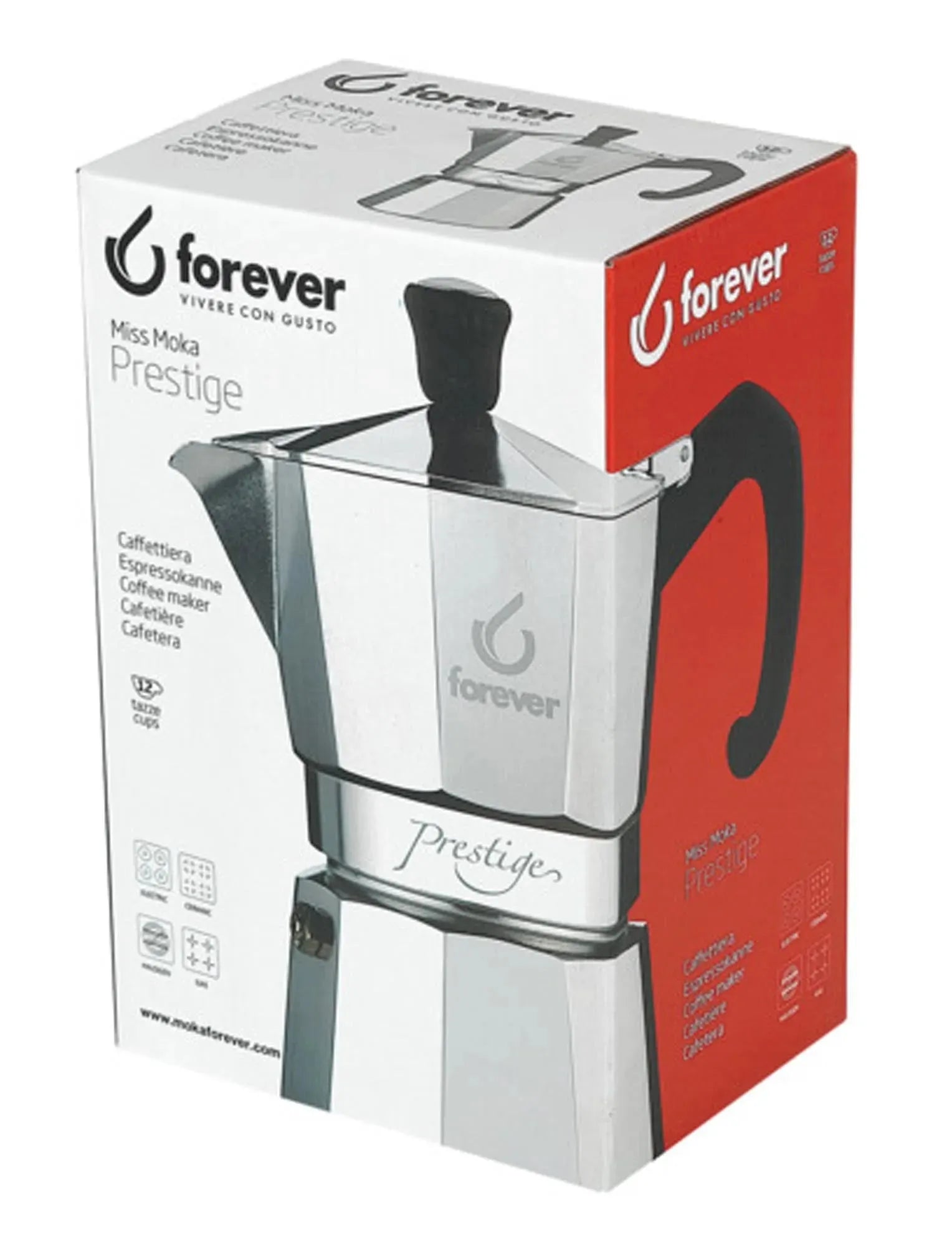 Eleganter Moka Prestige Kaffeezubereiter von FOREVER: 12 Tassen, Edelstahl, hitzebeständiger Griff, ideal für Reisen und Camping.