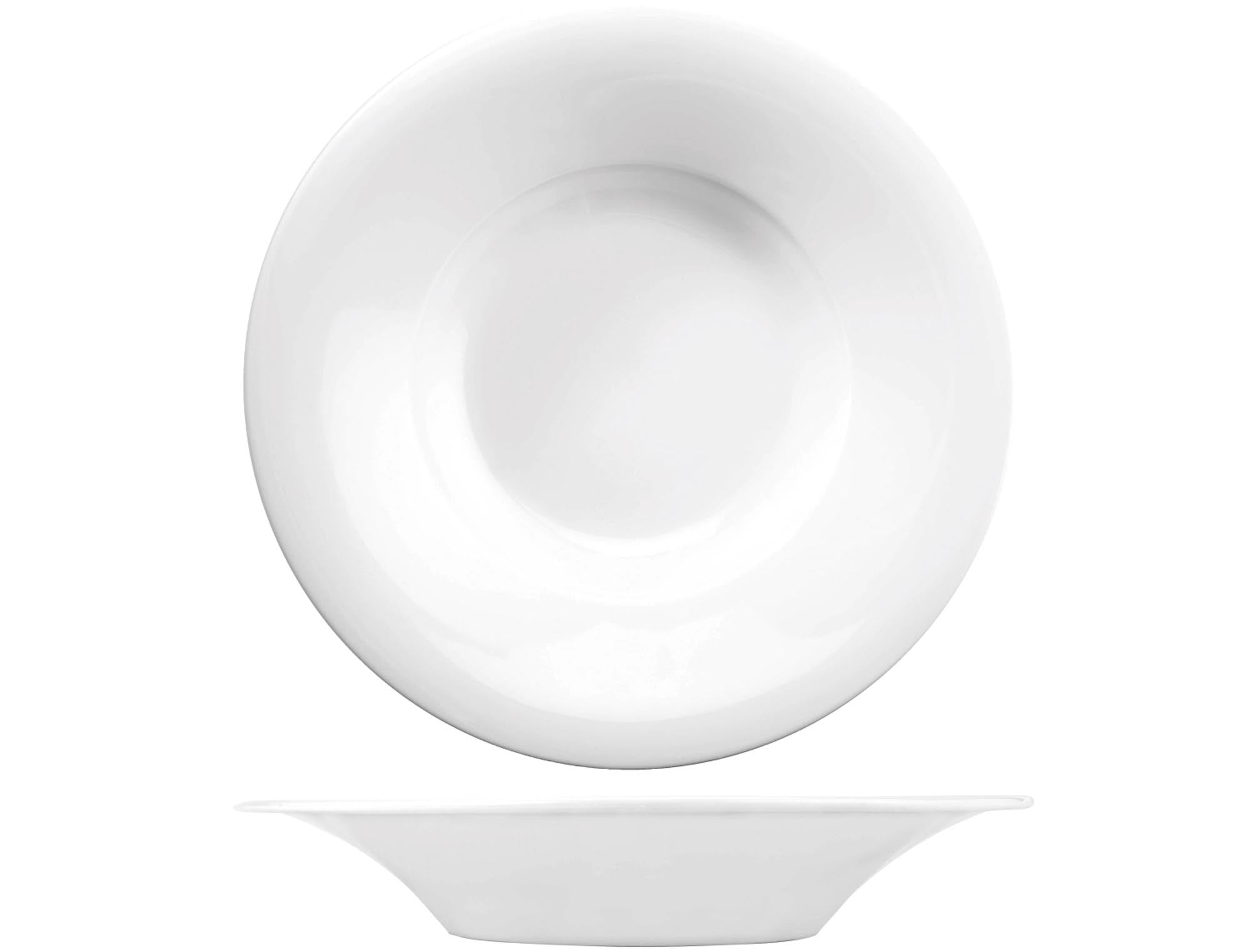 Eleganter, robuster Pastateller aus weissem Porzellan, 30.5 cm, ideal für Pasta und Risotto, spülmaschinenfest, mikrowellengeeignet.