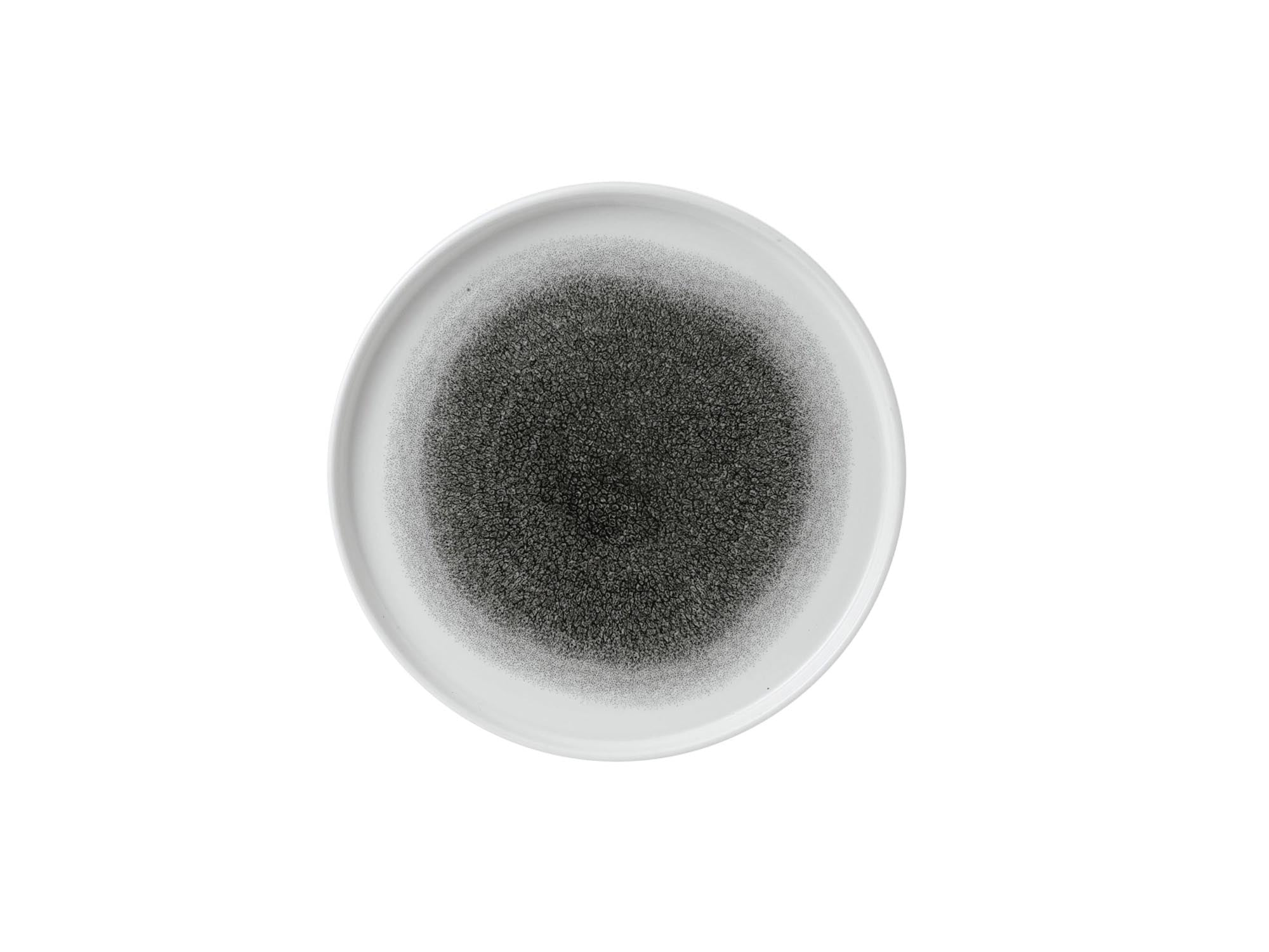Eleganter 26cm Teller aus robustem Porzellan mit einzigartiger Raku-Glasur, ideal für stilvolle Präsentationen.