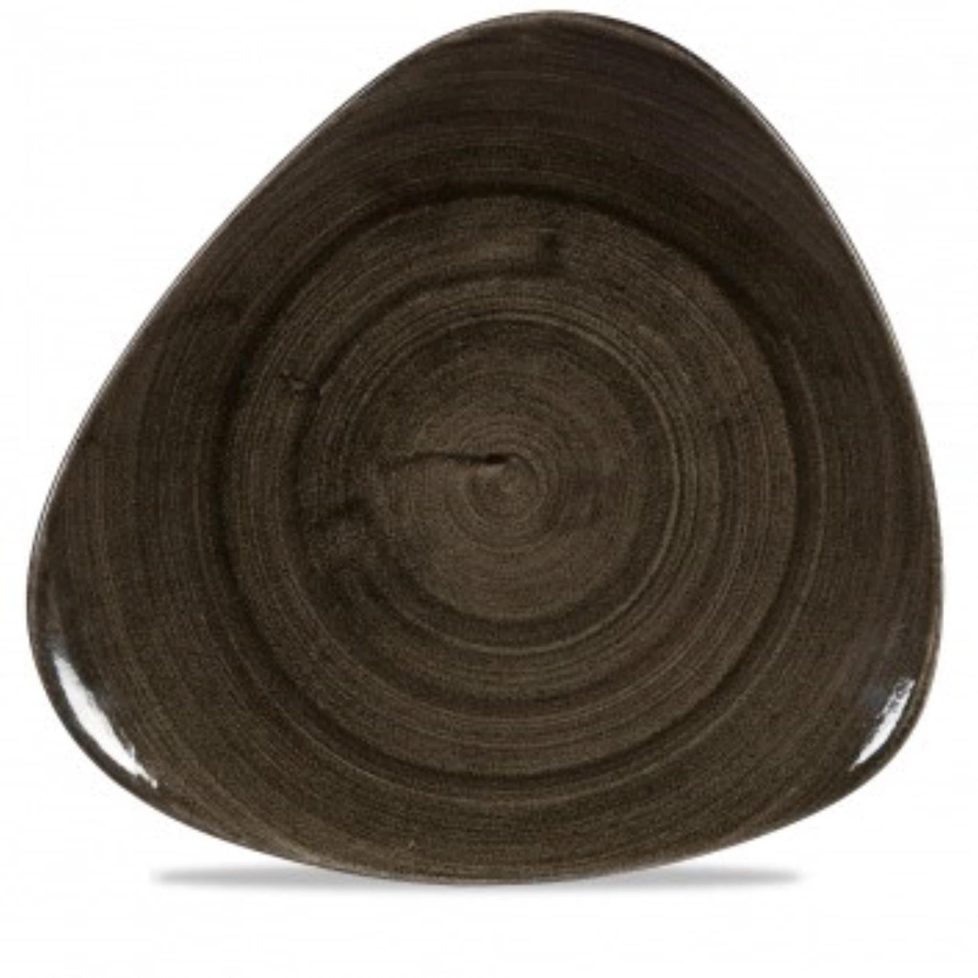 Entdecken Sie den Stonecast Patina Iron Black Triangel Teller von Churchill. Hochwertiges Porzellan, 31,1 cm, spülmaschinenfest, ideal für Gastronomie und stilvolle Tischdekoration.
