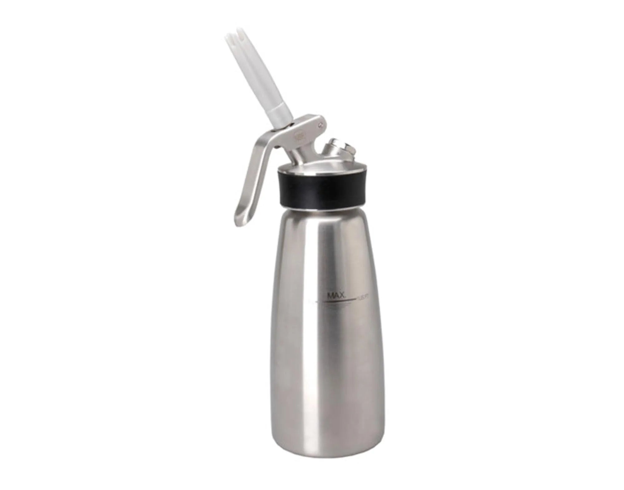 Eleganter KISAG Rahmbläser 0.5 l aus Edelstahl, ideal für Sahne, Saucen und Schäume. Perfekt für Desserts und Getränke.