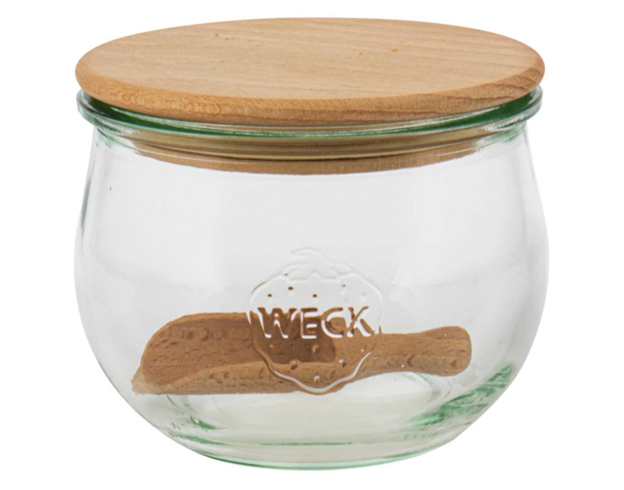 WECK Einmachglas Tulpenform mit Holzdeckel und Schaufel 500 ml ø 100 mm in  präsentiert im Onlineshop von KAQTU Design AG. Aufbewahrungsdose ist von WECK