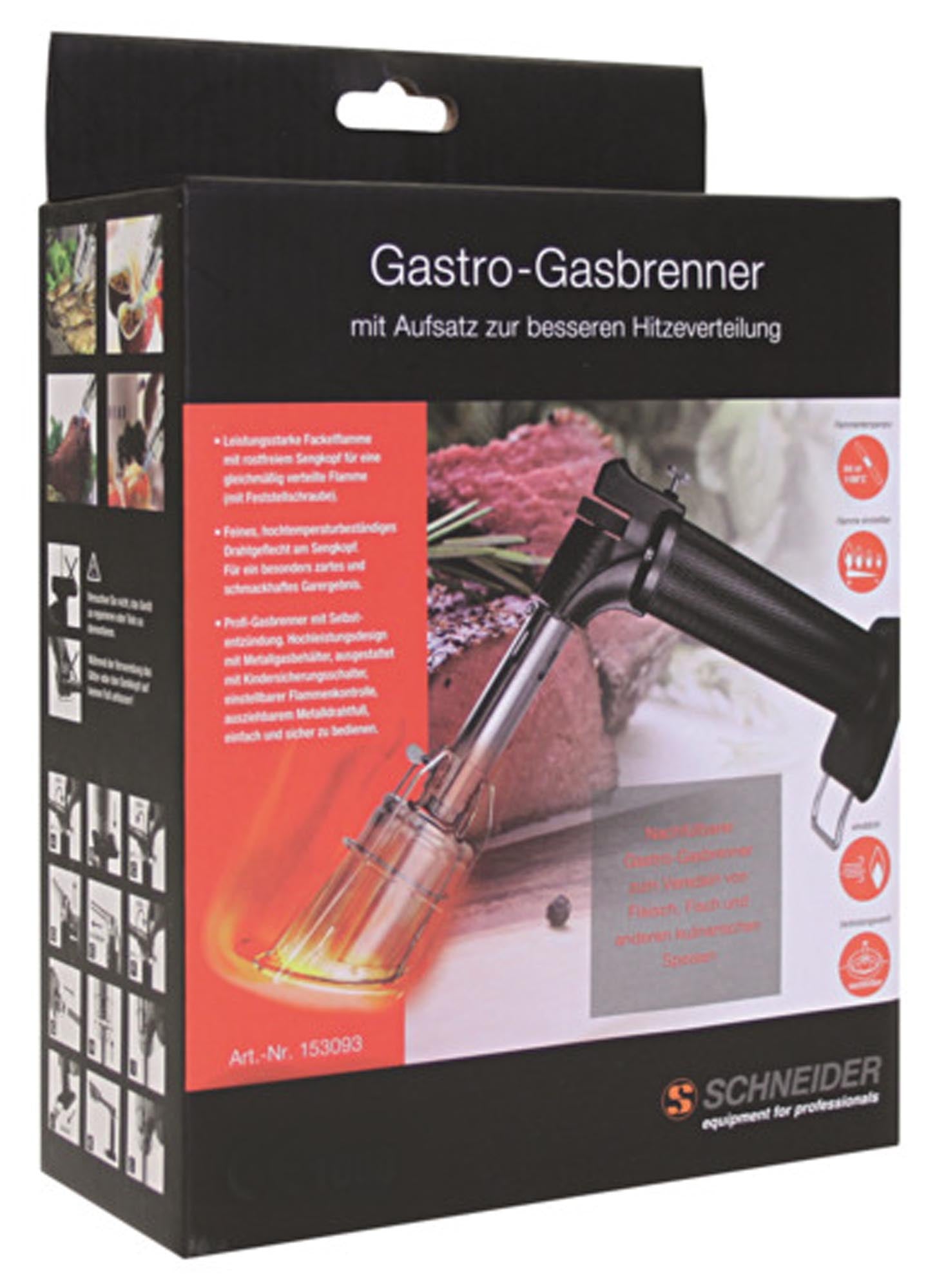 Kompakter SCHNEIDER Flambierbrenner: 17.5 cm, präzise Flamme, ideal für Desserts & Fleisch, robust & hitzebeständig.