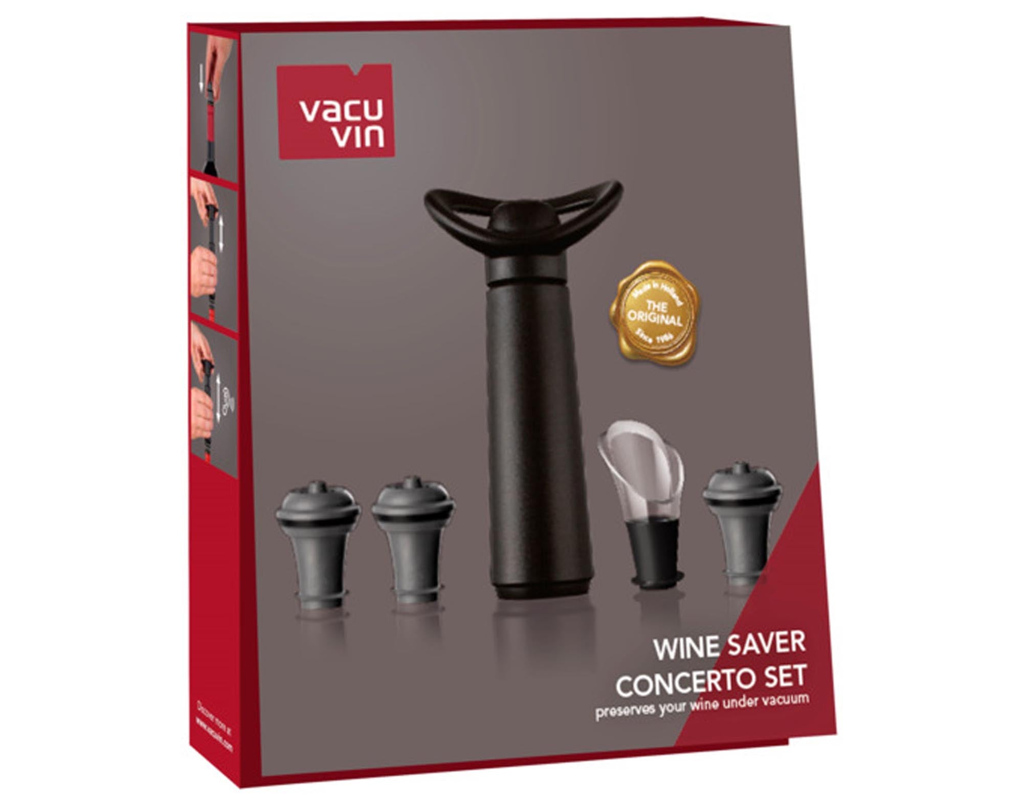 Entdecken Sie die VACU VIN Weinpumpe Concerto Set 5-teilig – das ideale Weinzubehör für Weinliebhaber, um Frische und Geschmack zu bewahren.