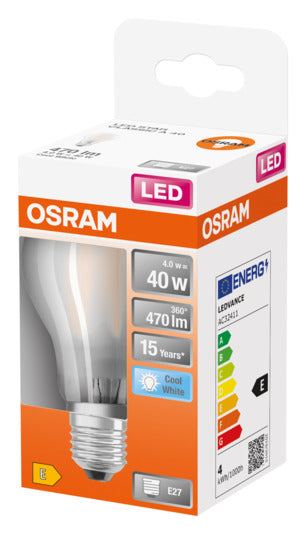 Entdecken Sie die OSRAM LED-Lampe Retrofit Star Classic A E27 4.0W 470lm in frosted Cool White – energieeffizient, sofort hell und ideal für jeden Raum.