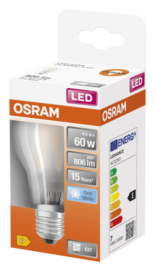 Entdecken Sie die OSRAM LED-Lampe Retrofit Star Classic A E27 7.0W 806lm in frosted Cool White – energieeffizient, sofort einsatzbereit und ideal für jeden Raum.