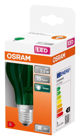 Energieeffiziente OSRAM LED-Lampe Star Classic A Décor E27, 2.5W, 235lm, klar in Grün. Ideal für Innen- und Außenanwendungen, langlebig und umweltfreundlich.