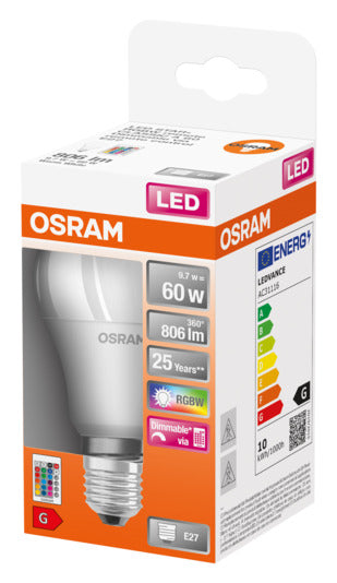 OSRAM LED-Lampe Classic A RGBW E27 9.0W 806lm: Energieeffiziente, dimmbare Beleuchtung mit Farbwechsel für jede Stimmung.