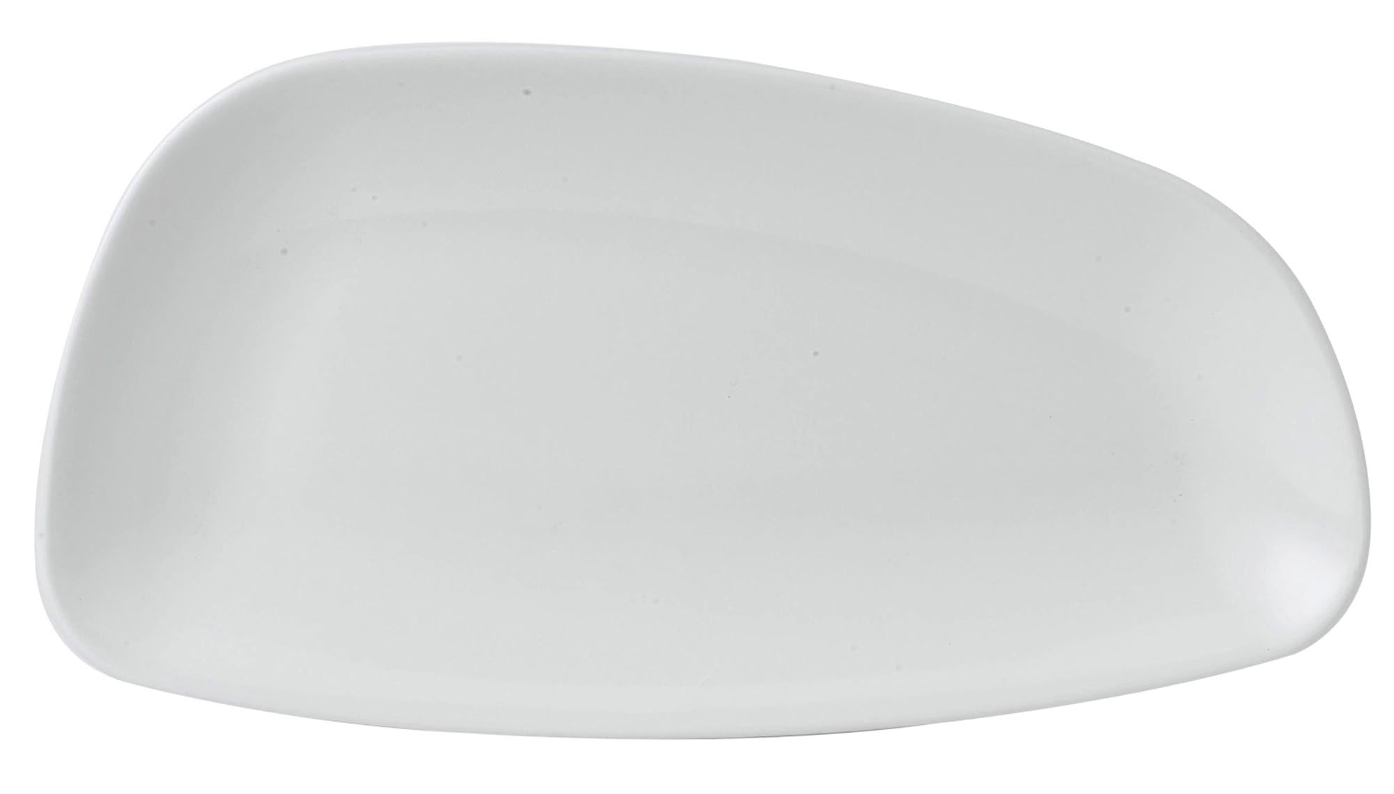 Elegante, weiße Porzellanteller 30x15.5cm mit gerundeten Ecken, ideal für kreative Präsentationen in Gastronomie.