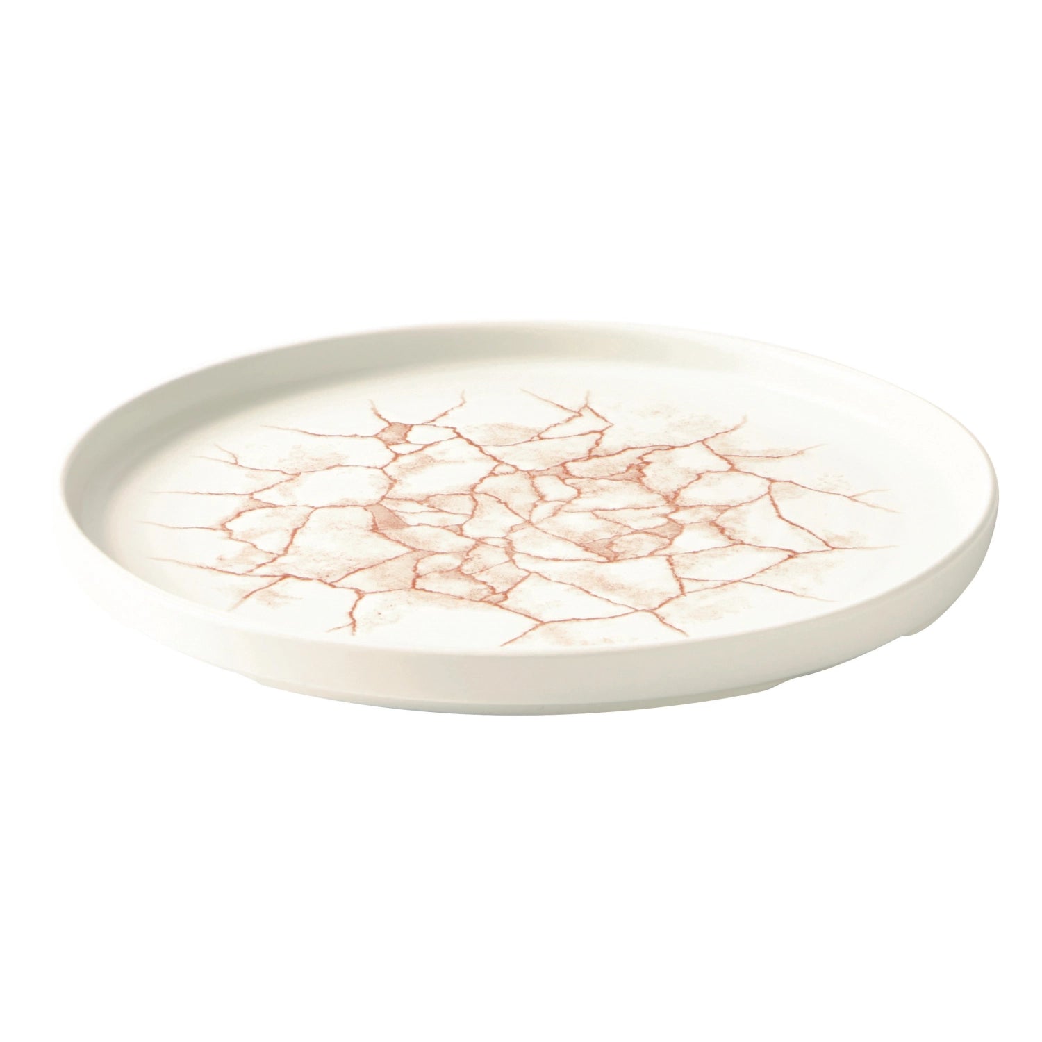 Stilvoller 26 cm großer Teller von Churchill, inspiriert von Kintsugi, mit korallenfarbenen Akzenten für eine besondere Tischgestaltung.