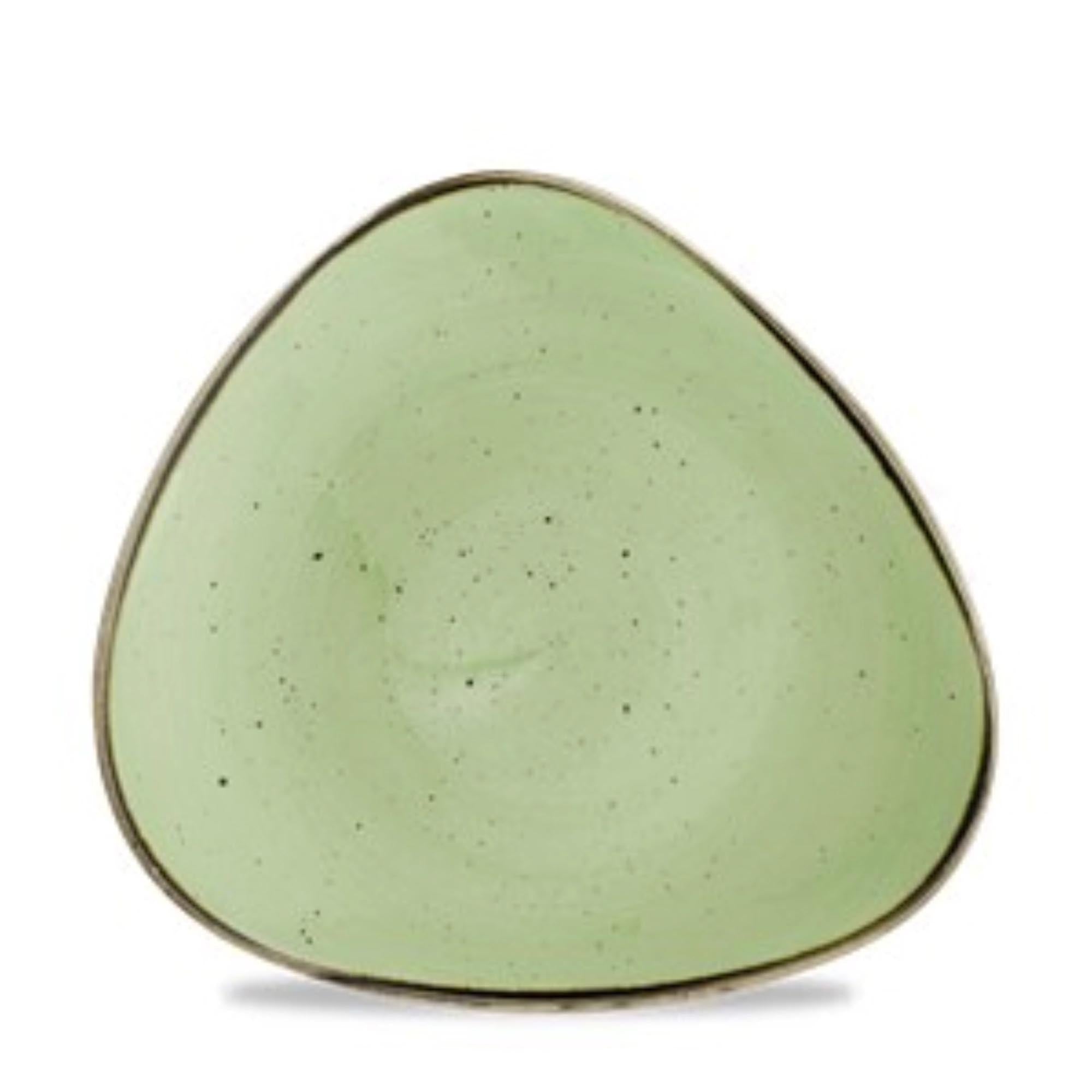 Entdecken Sie den Stonecast Sage Green Triangel Teller von Churchill. Flach, 26,5 cm, aus hochwertigem Porzellan, spülmaschinenfest und ideal für stilvolle Anlässe.