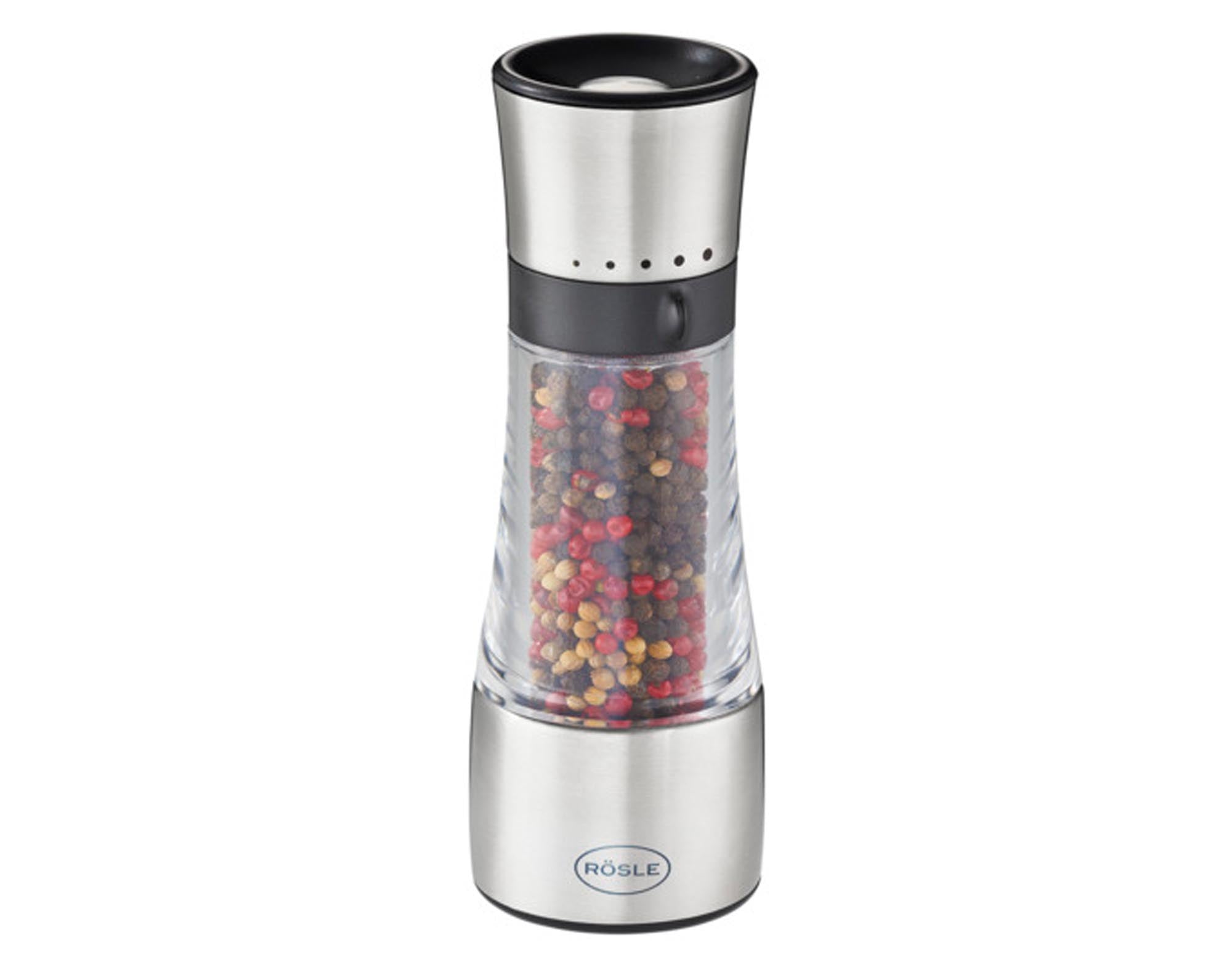Elegante RÖSLE Gewürzmühle Inox: Robuster Edelstahl, transparentes Glas, ergonomischer Griff. Perfekt für Pfeffer & Salz. Langlebig & stilvoll.