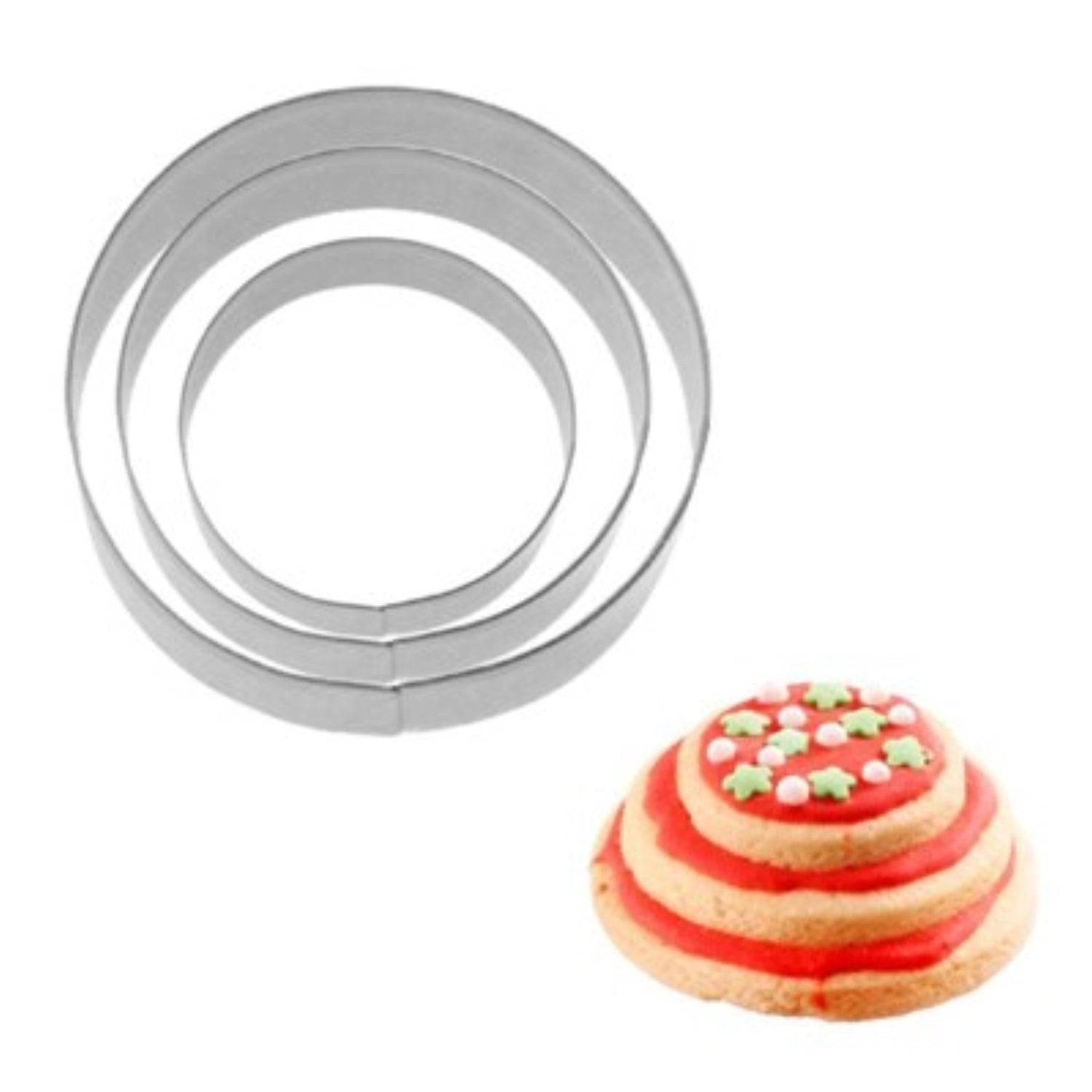 Drei runde Ausstechformen von Westmark in den Größen 4, 5 und 6 cm, ideal für kreative Backprojekte und präzise Tortendekorationen.