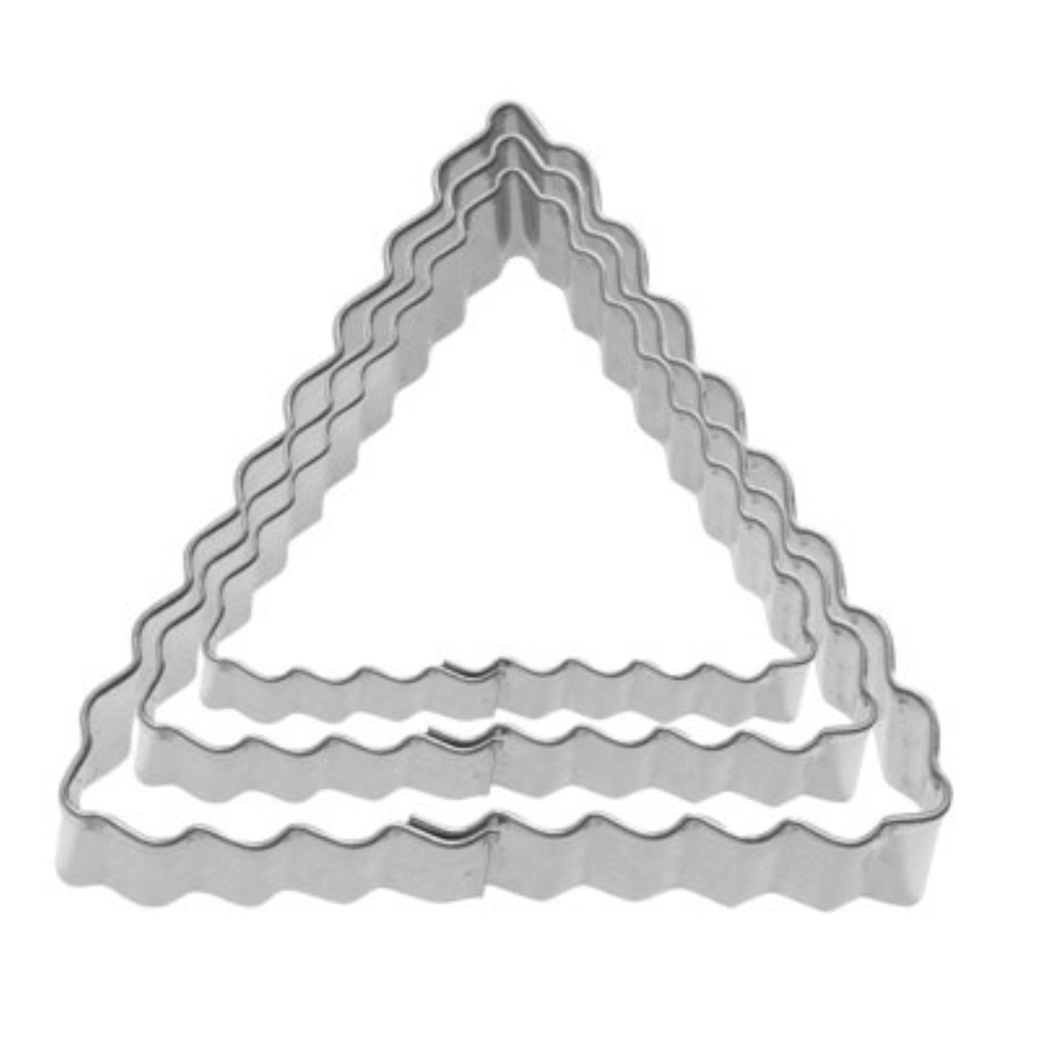 Set aus 3 gewellten Terrassen-Ausstechformen in Dreiecksform (4, 5, 6 cm) von Westmark, perfekt für kreative Backprojekte und Dekorationen.