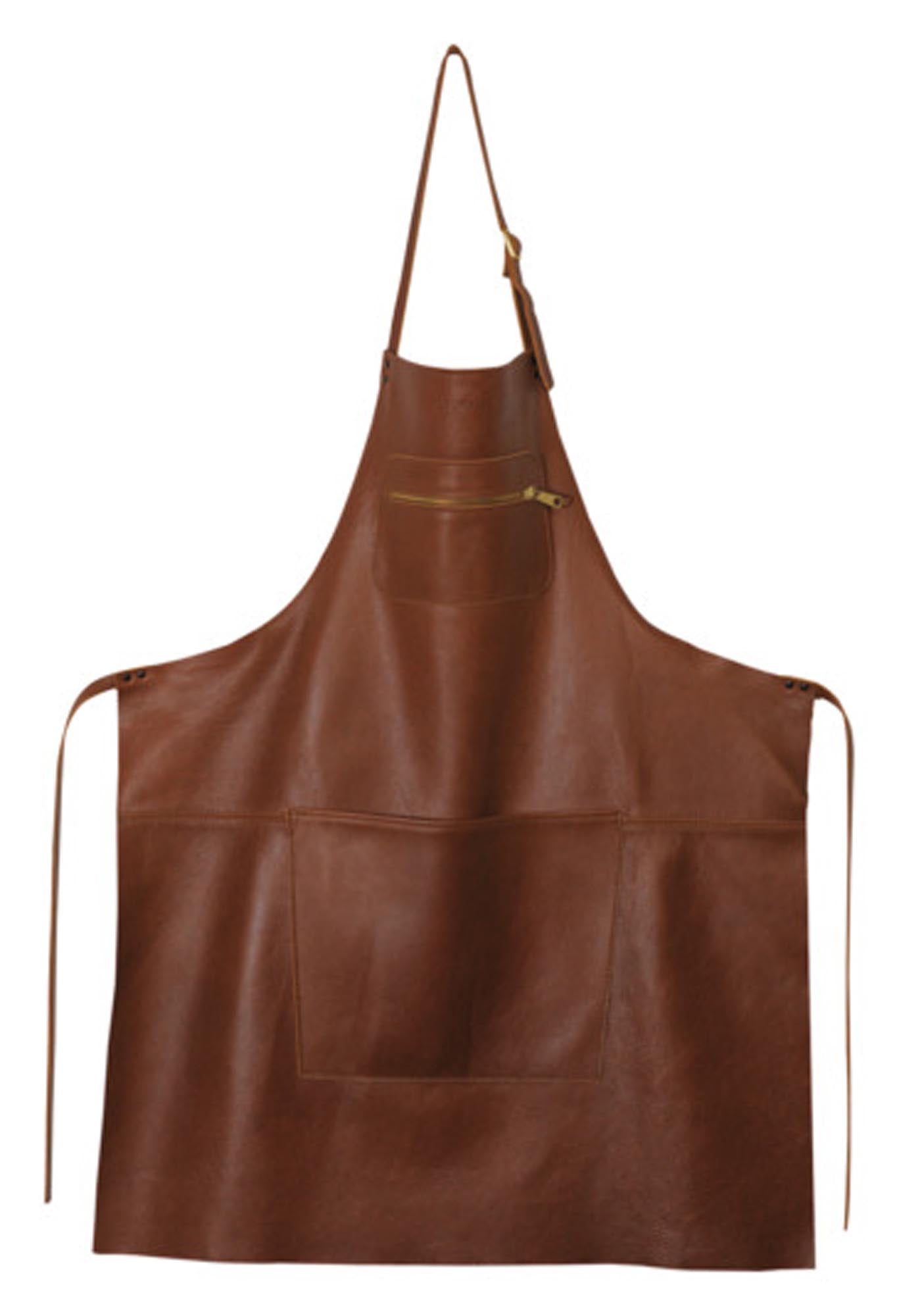 Stilvolle Leder-Schürze von DUTCHDELUXES: robust, pflegeleicht, mit Reissverschluss und Taschen. Perfekt für Hobbyköche und Profis.