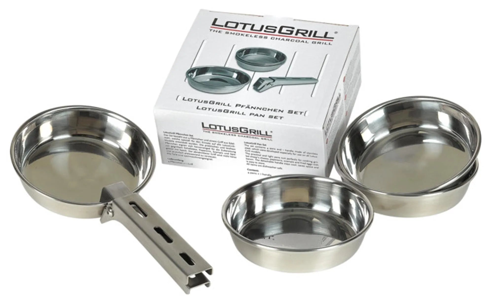 Das 4-teilige Pfännchen-Set Inox von LOTUS GRILL: Hochwertiger Edelstahl, gleichmäßige Hitzeverteilung, ideal für Gemüse, Meeresfrüchte und Fleisch.