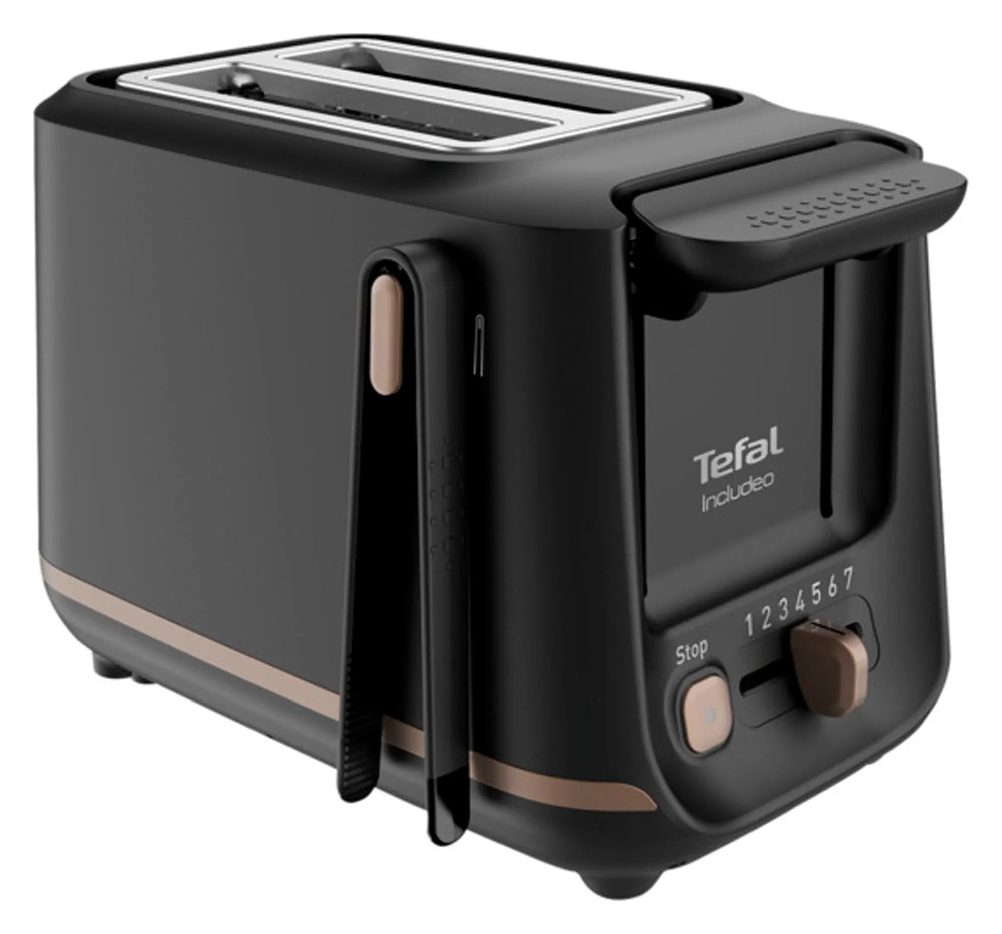 Eleganter TEFAL Toaster Incluedo in Schwarz: Extra breite Schlitze, variable Bräunungsstufen, einfache Reinigung, stilvolles Design.