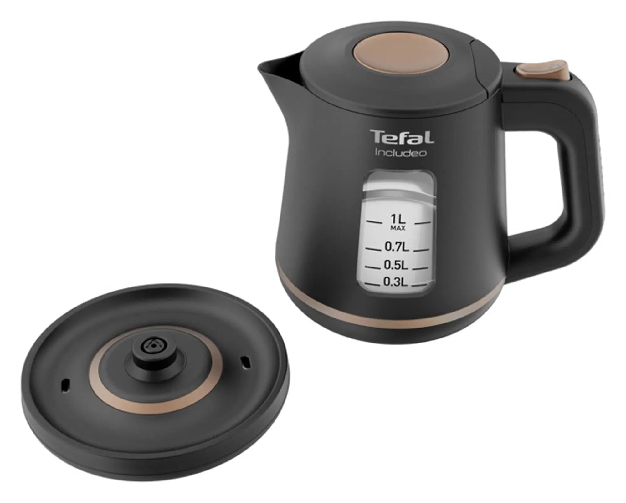 Kompakter TEFAL Wasserkocher Includeo 1l: BPA-frei, 2200W, 360°-Basis, Edelstahl-Design, ideal für Tee & Kaffee.