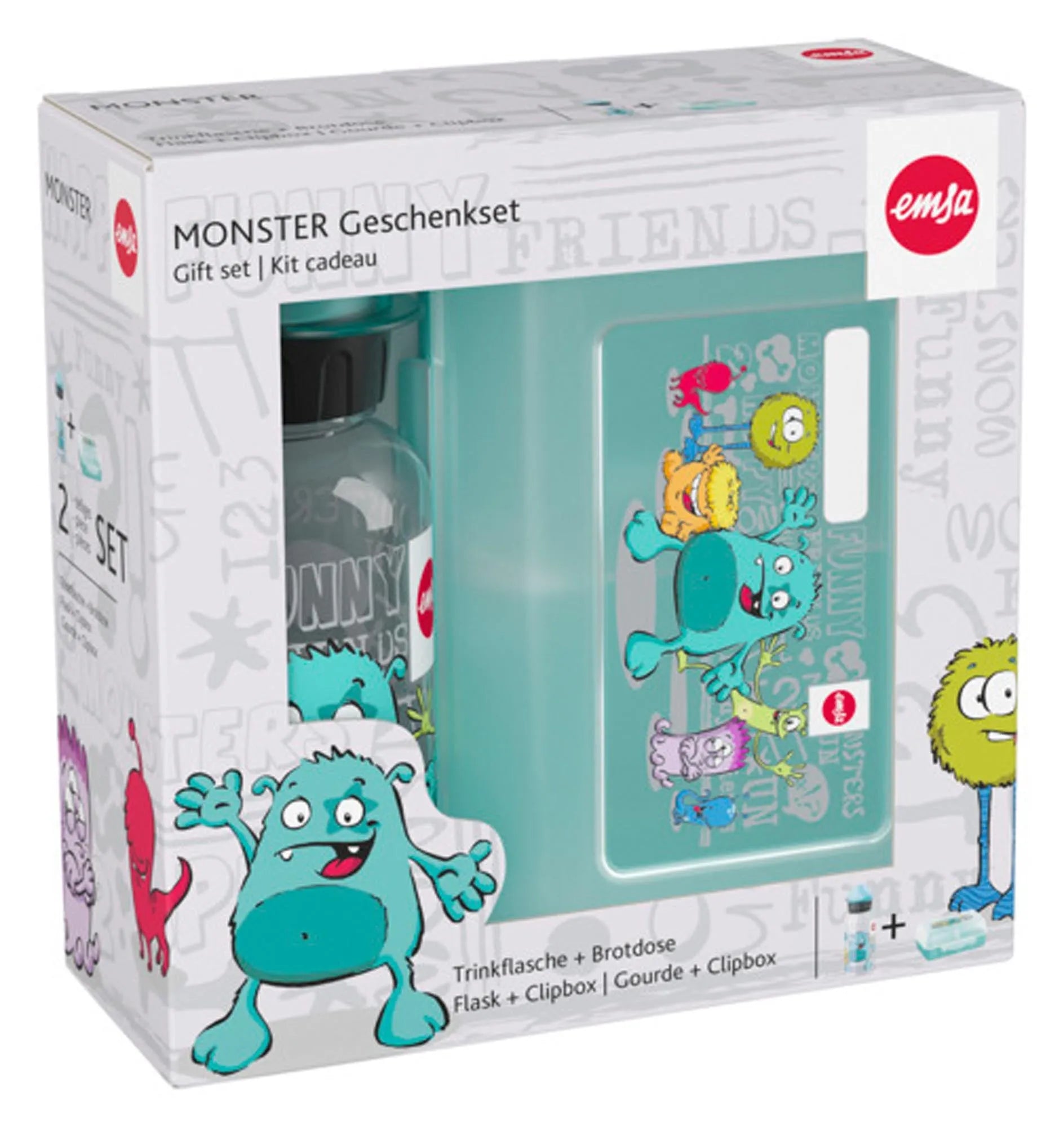 Trinkflasche und Dose Kids Set Monster in  präsentiert im Onlineshop von KAQTU Design AG. Flasche ist von EMSA