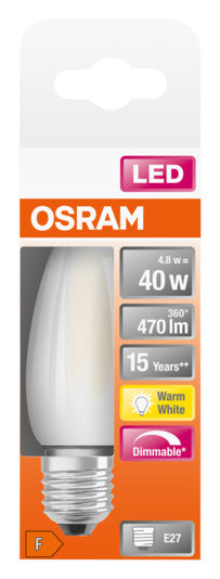 Entdecken Sie die OSRAM LED-Lampe Retrofit Classic B E27 4.8W mit 470lm, dimmbar und in warmweißem Licht. Ideal für energieeffiziente Beleuchtung!