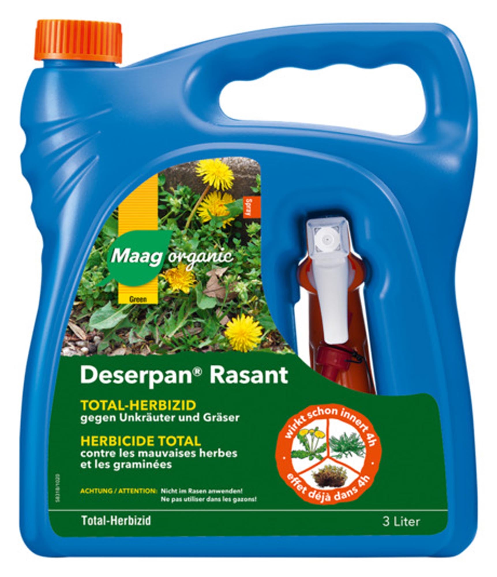 Entdecken Sie MAAG Deserpan Rasant 3 l, das effektive Total-Herbizid für Ihren Garten. Bekämpfen Sie Unkräuter und Gräser einfach und schnell!