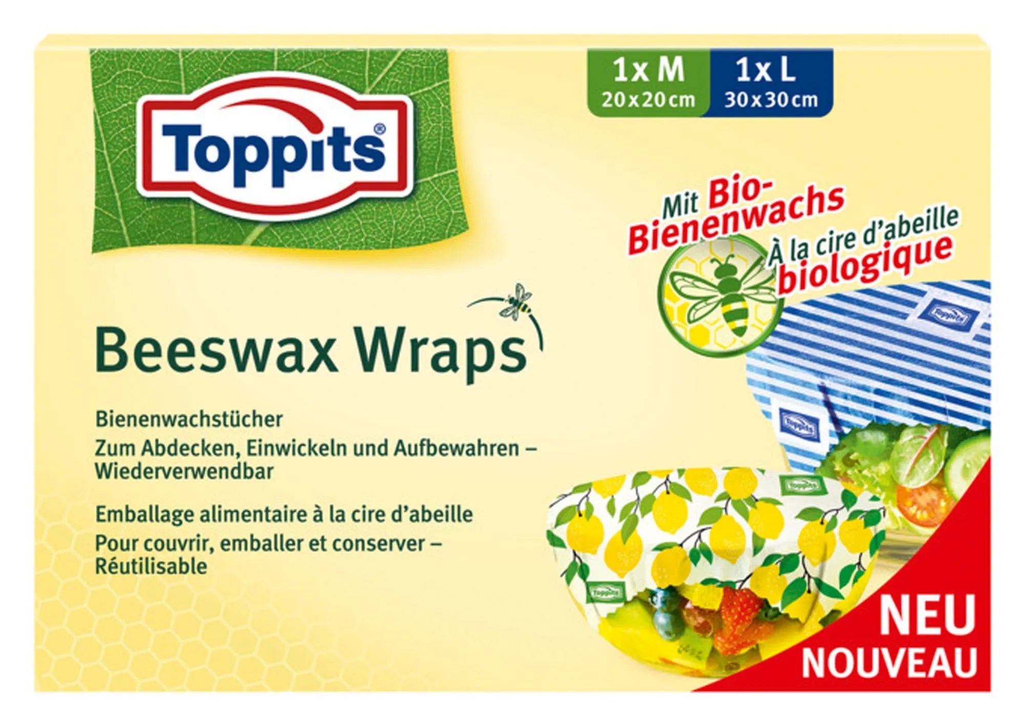 TOPPITS Bienenwachstücher: Nachhaltige Frischhaltefolie, wiederverwendbar, antibakteriell, ideal für Schüsseln, Sandwiches, Obst & Gemüse.