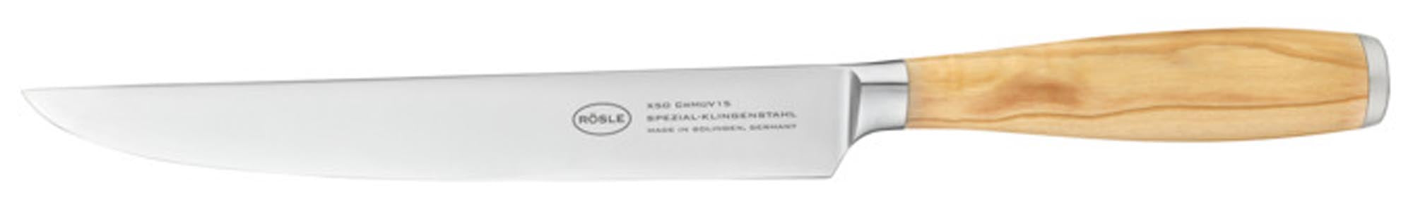 Elegantes RÖSLE Fleischmesser mit 19 cm Klinge, Olivenholzgriff, ideal für präzises Schneiden großer Fleischstücke.