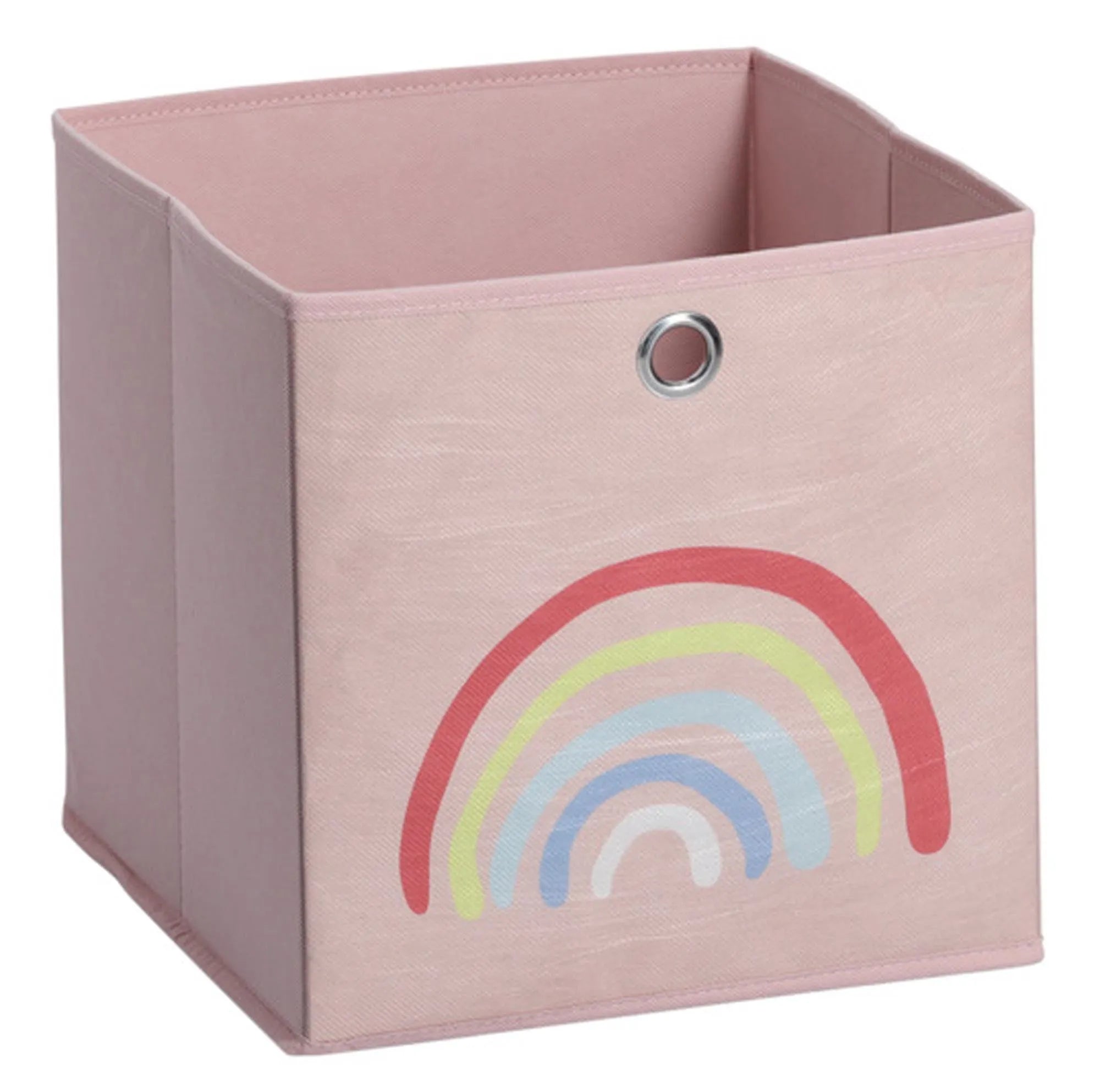 Bunte Aufbewahrungsbox 28x28x28 cm aus Vlies, ideal für Spielzeug, Kleidung und Bücher. Fröhliche Regenbogenfarben, pflegeleicht.