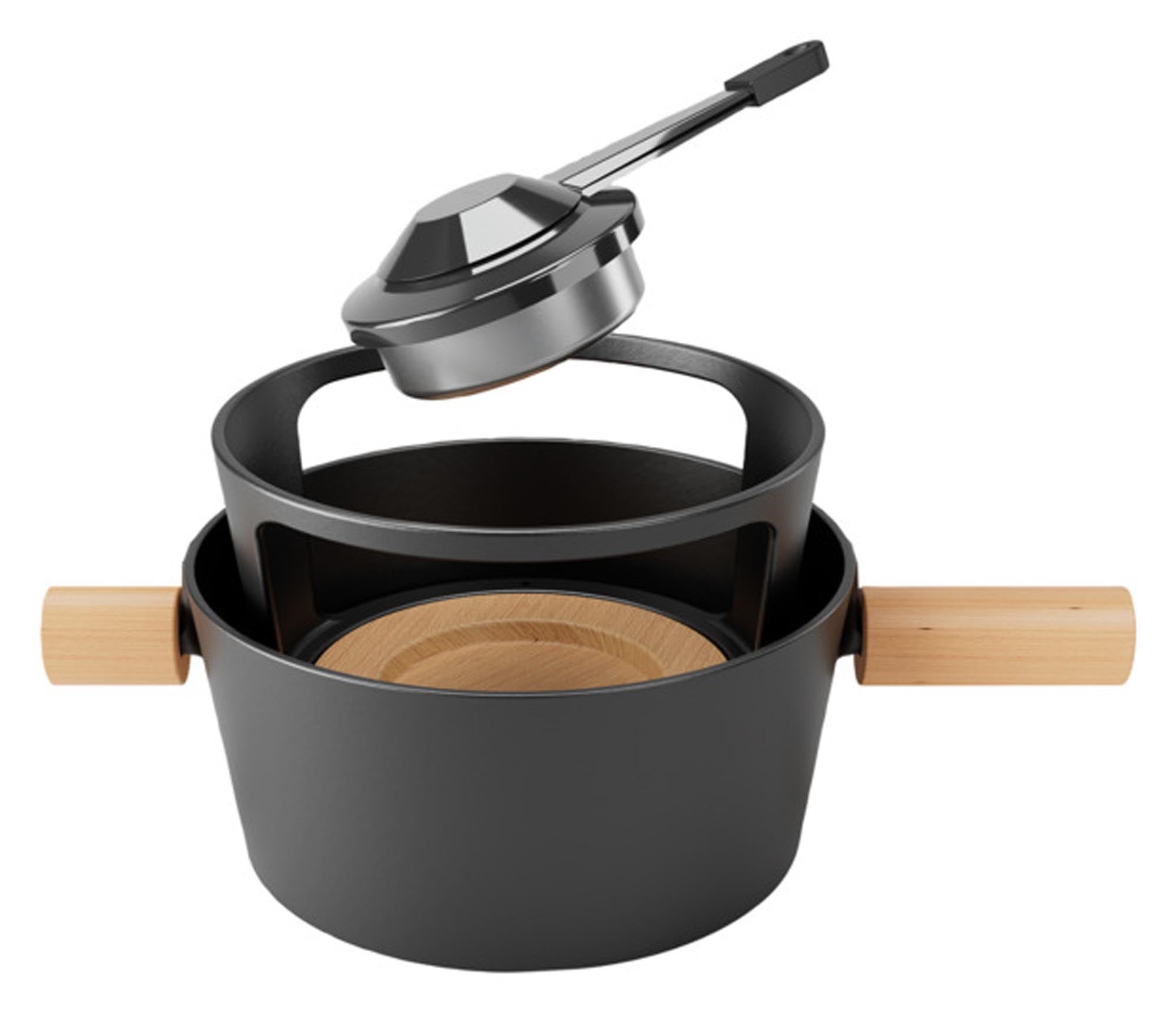 Elegante Fonduegarnitur aus Edelstahl, ø 21 cm, ideal für gesellige Abende. Perfekte Wärmeleitung, pflegeleicht und rostfrei.